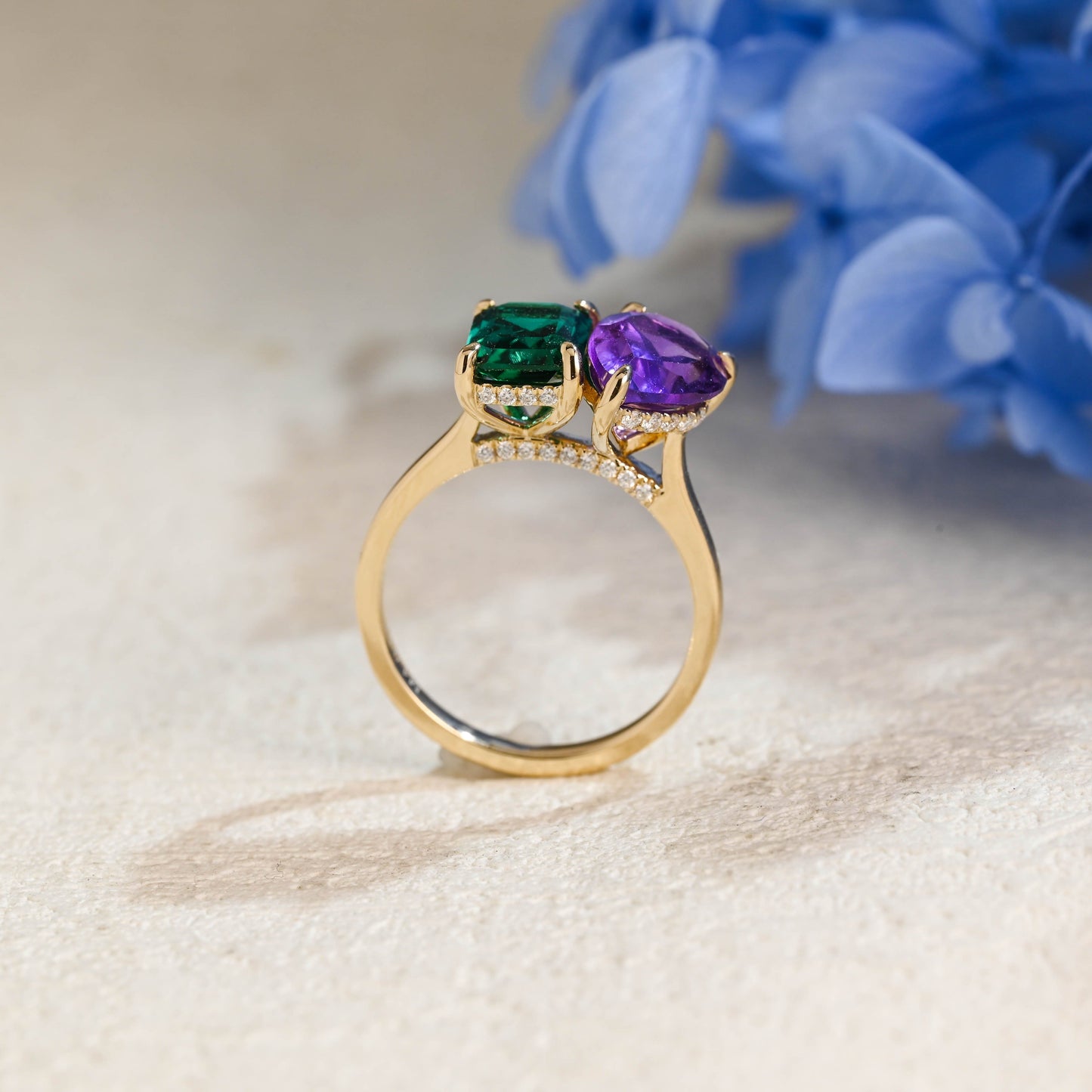 CausYou toi et moi engagement ring Toi et Moi Ring, Solid Gold Hidden Halo Lab Grown Emerald & Pear Cut Alexandrite Engagement Ring