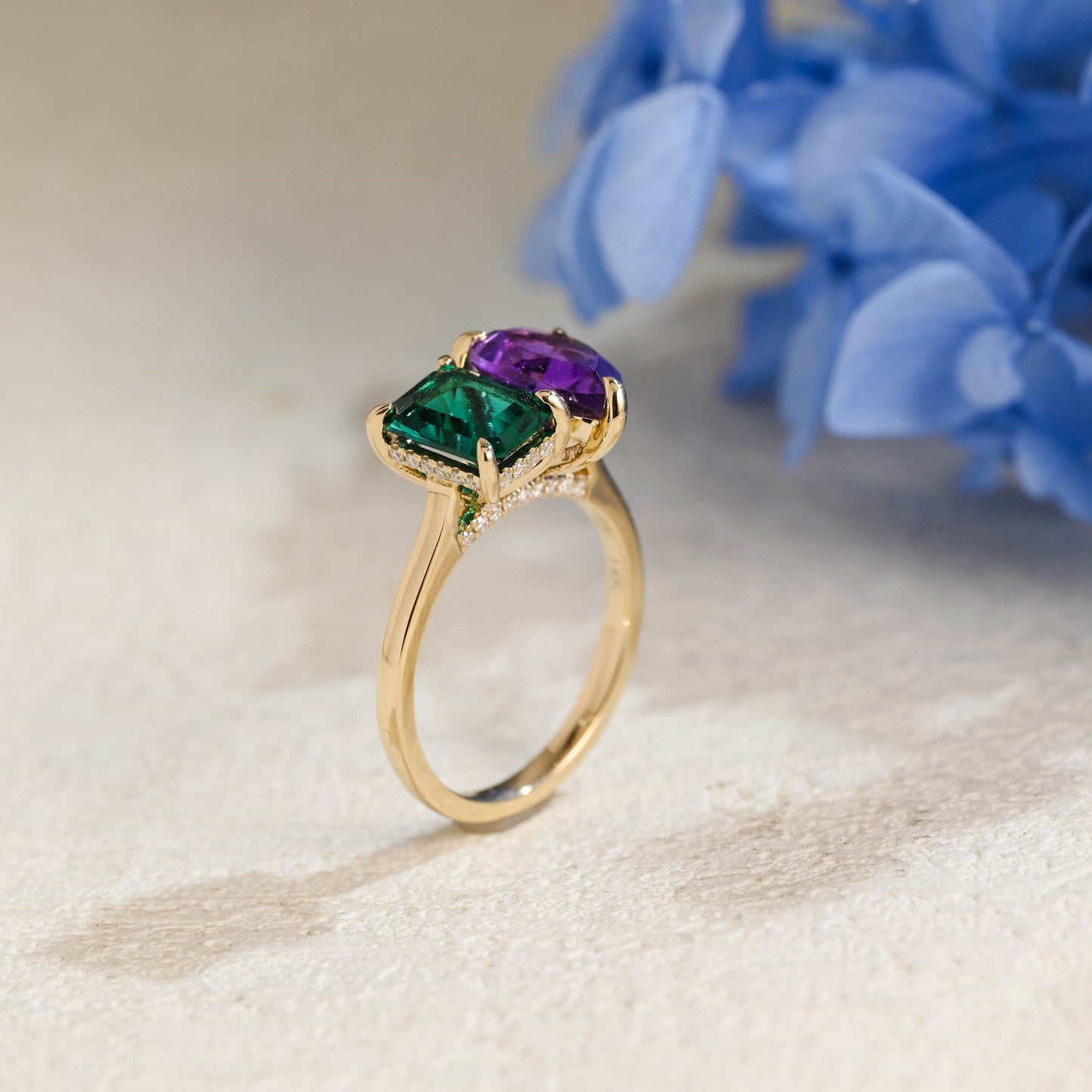 CausYou toi et moi engagement ring Toi et Moi Ring, Solid Gold Hidden Halo Lab Grown Emerald & Pear Cut Alexandrite Engagement Ring