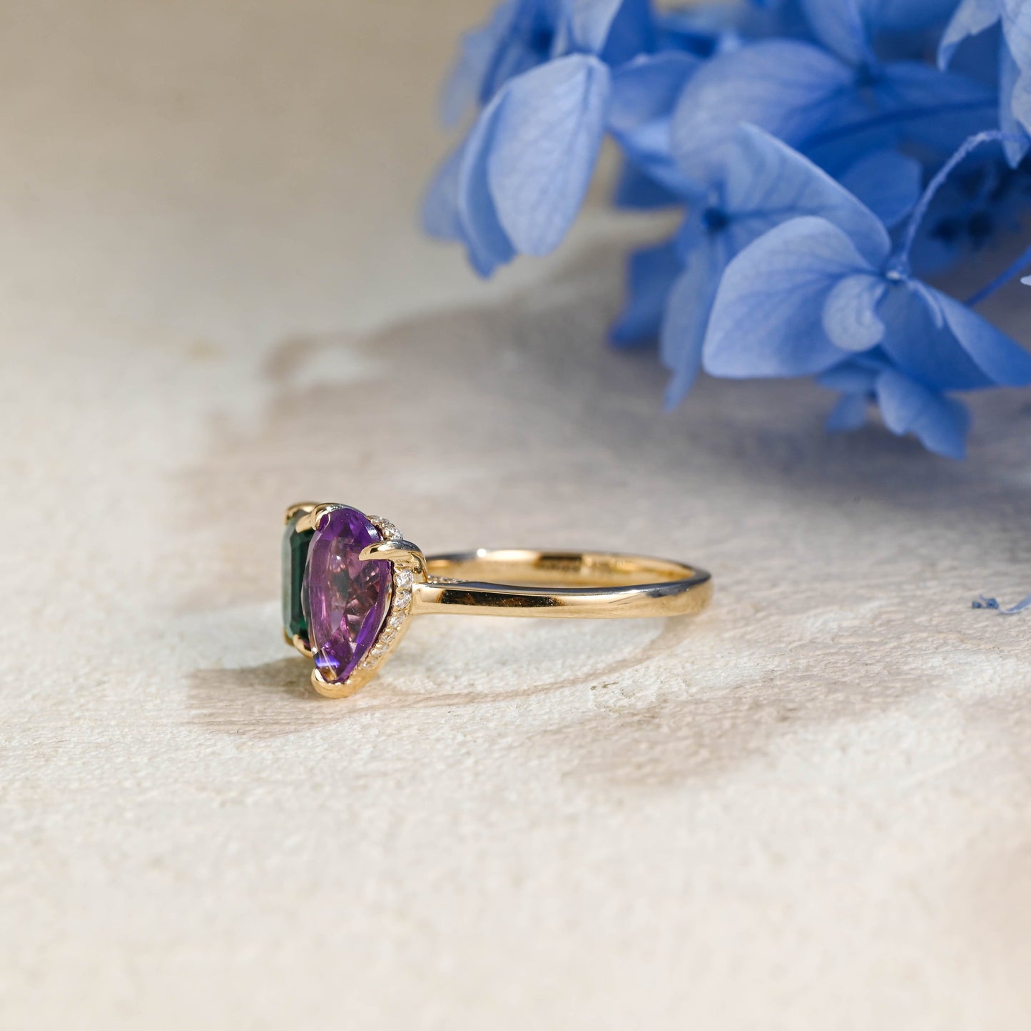 CausYou toi et moi engagement ring Toi et Moi Ring, Solid Gold Hidden Halo Lab Grown Emerald & Pear Cut Alexandrite Engagement Ring