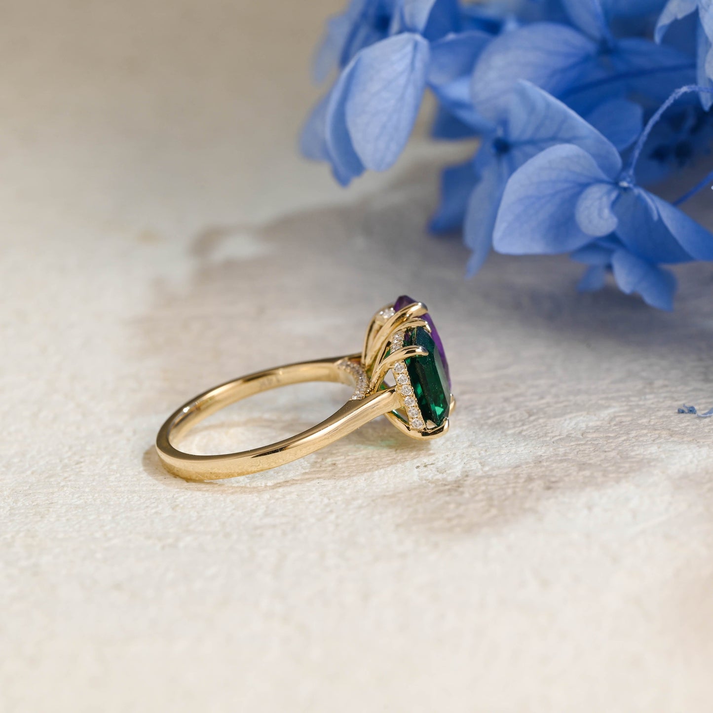 CausYou toi et moi engagement ring Toi et Moi Ring, Solid Gold Hidden Halo Lab Grown Emerald & Pear Cut Alexandrite Engagement Ring