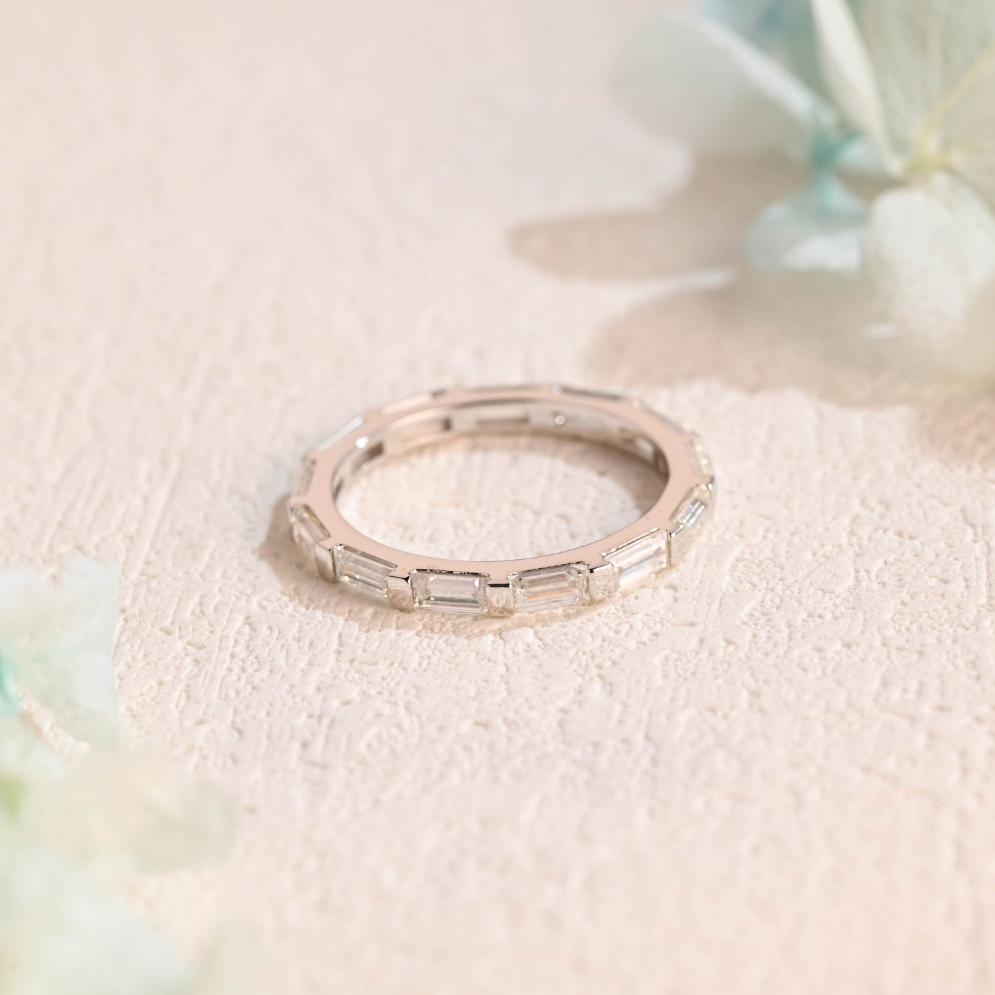 CausYou women's wedding ring CausYou Solid Gold 2*4mm Baguette Cut Moissanite Wedding Band, Full Eternity Wedding Band, Stacking Wedding Ring, Matching Band for Women Wife