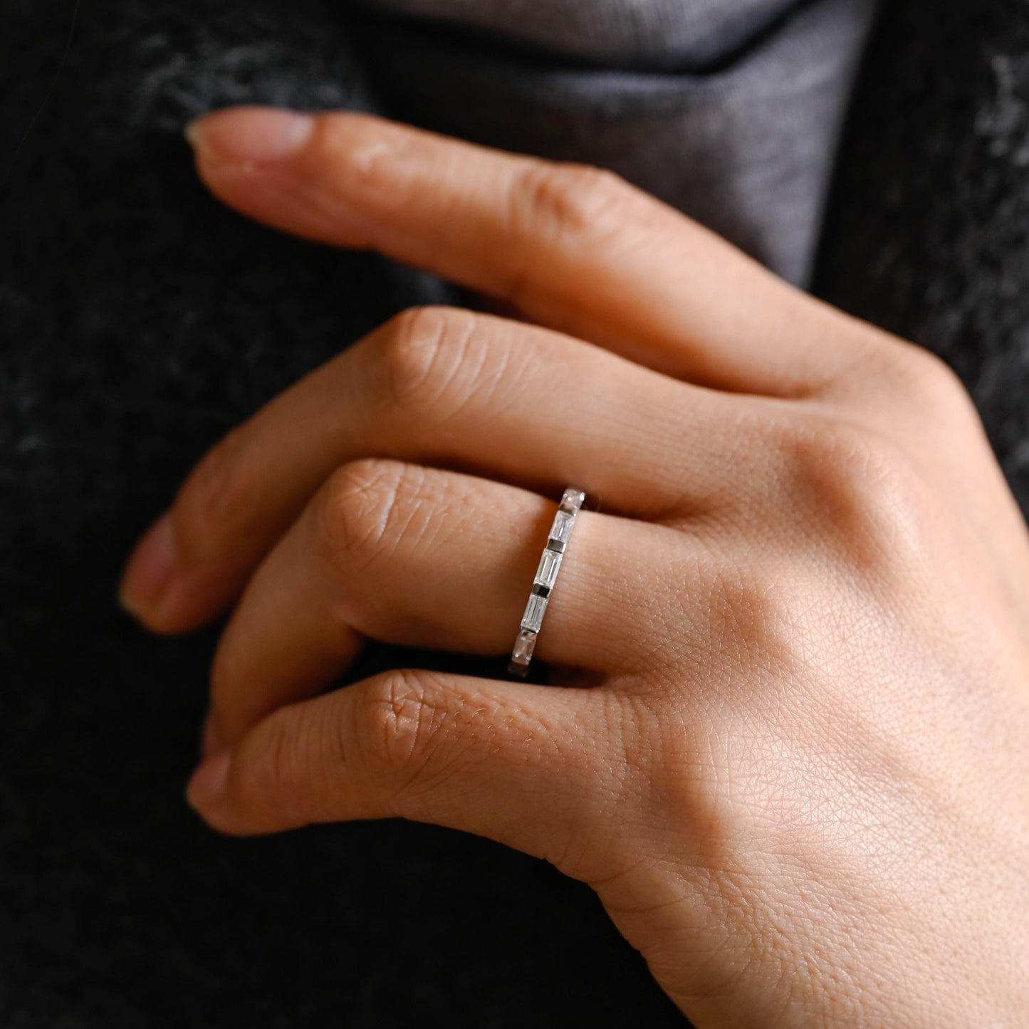 CausYou women's wedding ring CausYou Solid Gold 2*4mm Baguette Cut Moissanite Wedding Band, Full Eternity Wedding Band, Stacking Wedding Ring, Matching Band for Women Wife