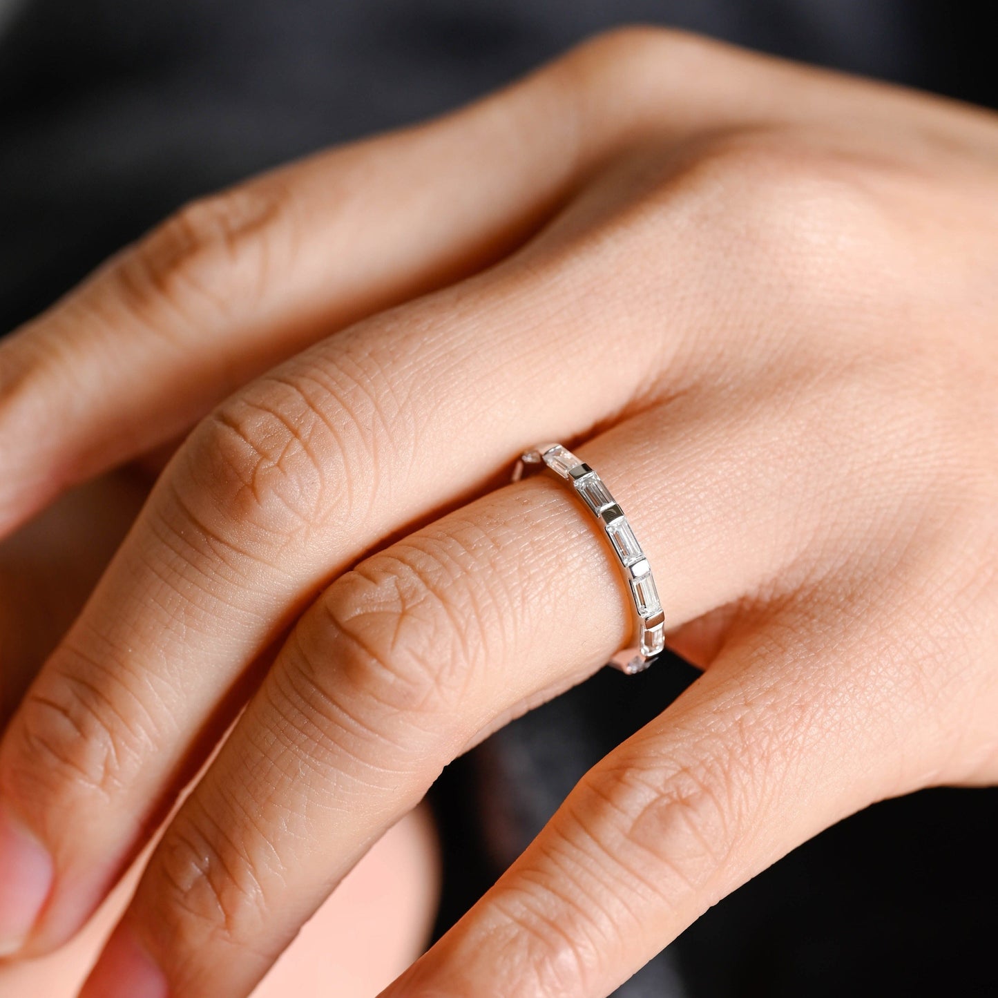 CausYou women's wedding ring CausYou Solid Gold 2*4mm Baguette Cut Moissanite Wedding Band, Full Eternity Wedding Band, Stacking Wedding Ring, Matching Band for Women Wife