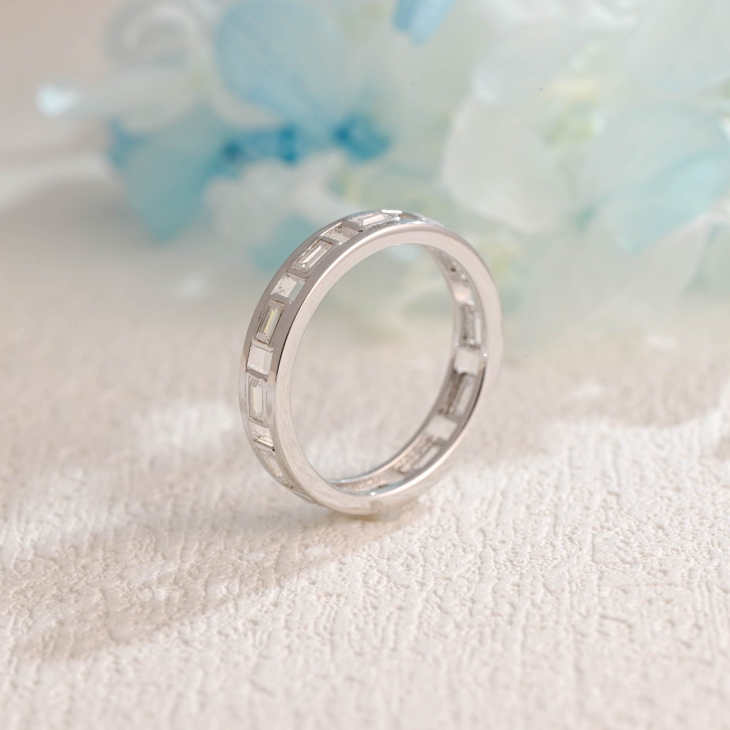 CausYou women's wedding ring CausYou Solid Gold 2*4mm Baguette Moissanite Wedding Band, Full Eternity Wedding Band, Stacking Wedding Ring, Matching Band, Gift for Women Wife