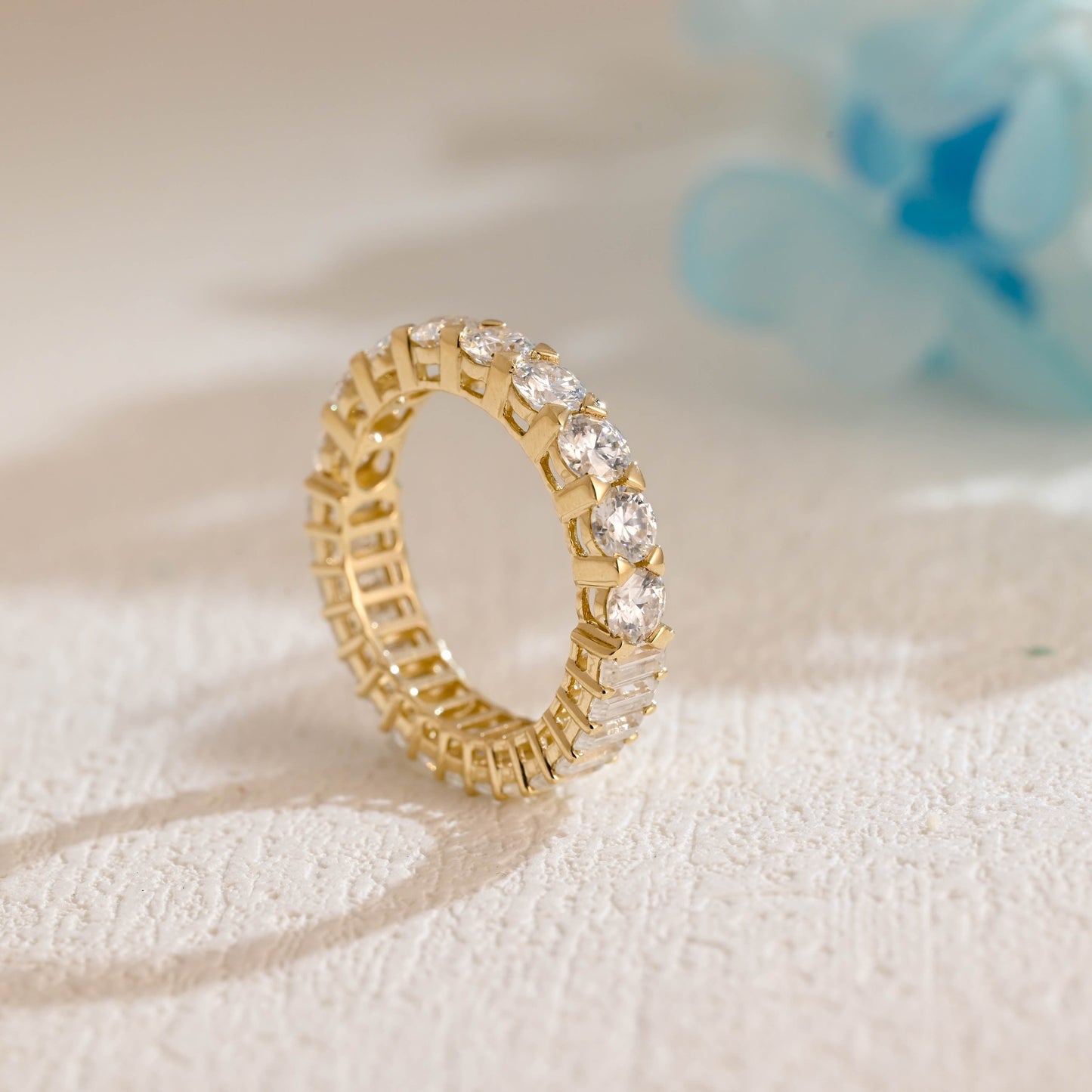 CausYou women's wedding ring CausYou Solid Gold 2×4mm Round & Baguete Moissanite Wedding Band, Full Eternity Wedding Band, Stacking Wedding Ring, Gift for Women Wife