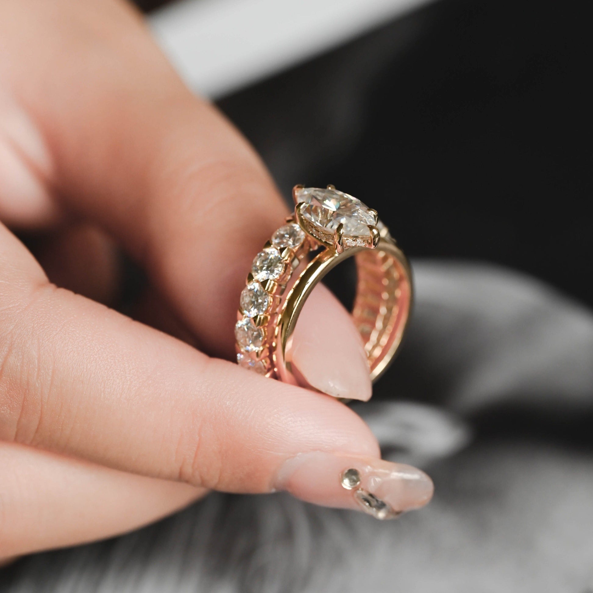 CausYou women's wedding ring CausYou Solid Gold 2×4mm Round & Baguete Moissanite Wedding Band, Full Eternity Wedding Band, Stacking Wedding Ring, Gift for Women Wife