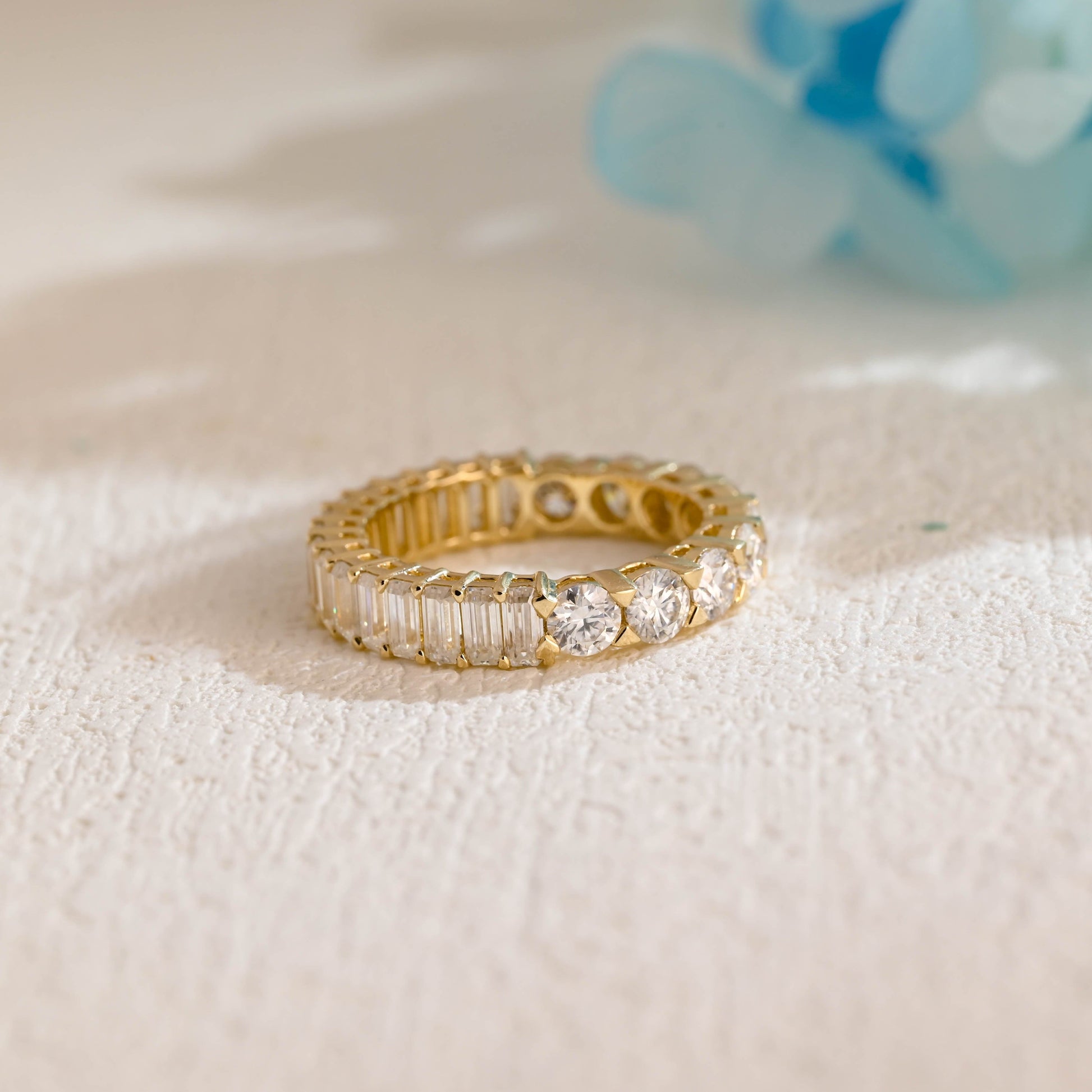 CausYou women's wedding ring CausYou Solid Gold 2×4mm Round & Baguete Moissanite Wedding Band, Full Eternity Wedding Band, Stacking Wedding Ring, Gift for Women Wife