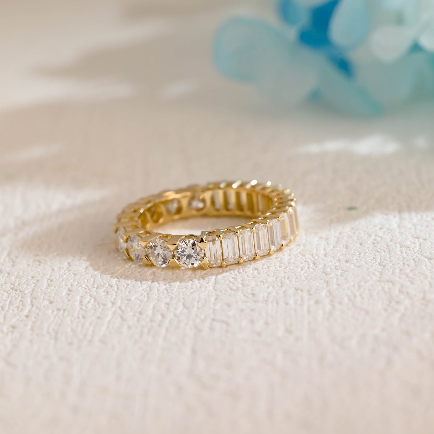 CausYou women's wedding ring CausYou Solid Gold 2×4mm Round & Baguete Moissanite Wedding Band, Full Eternity Wedding Band, Stacking Wedding Ring, Gift for Women Wife