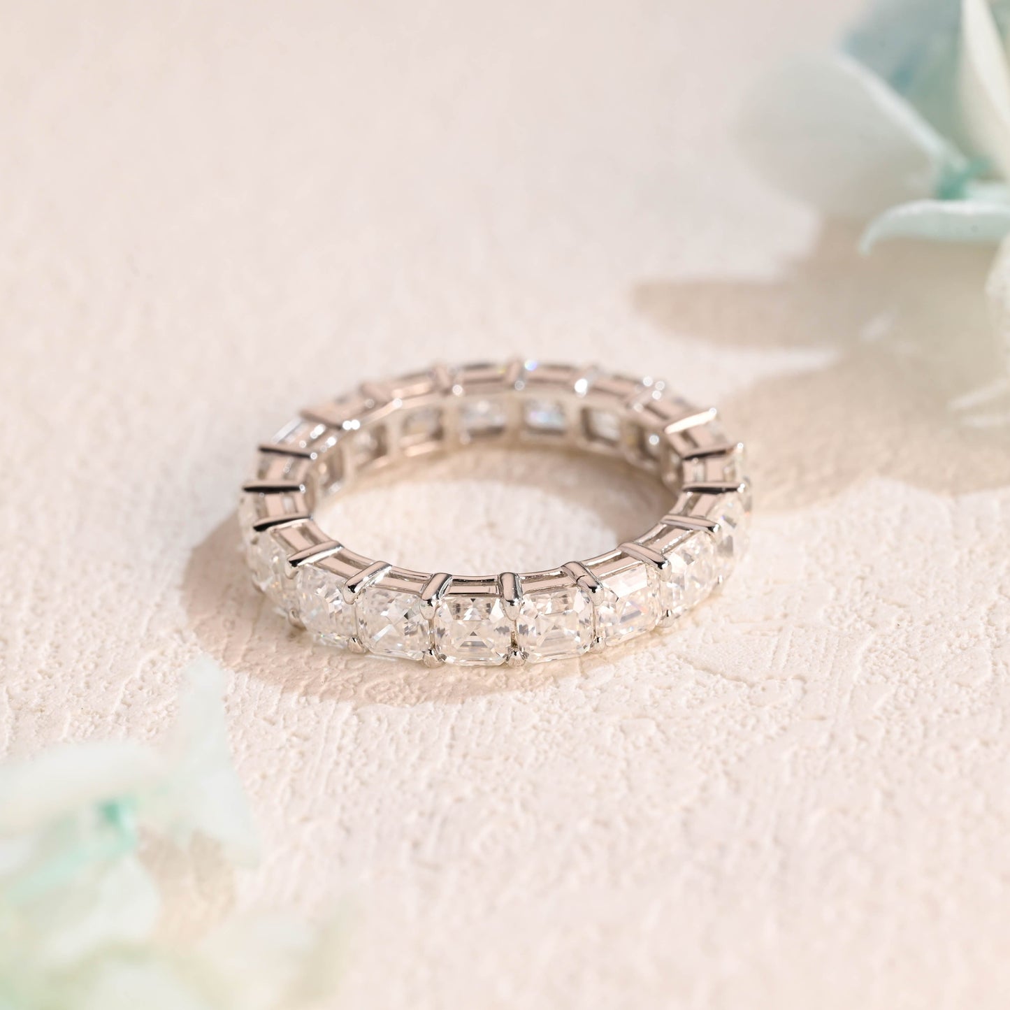 CausYou women's wedding ring CausYou Solid Gold 3.5mm Asscher Cut Moissanite Wedding Band, Full Eternity Wedding Band, Stacking Wedding Ring, Matching Band, Gift for Women Wife