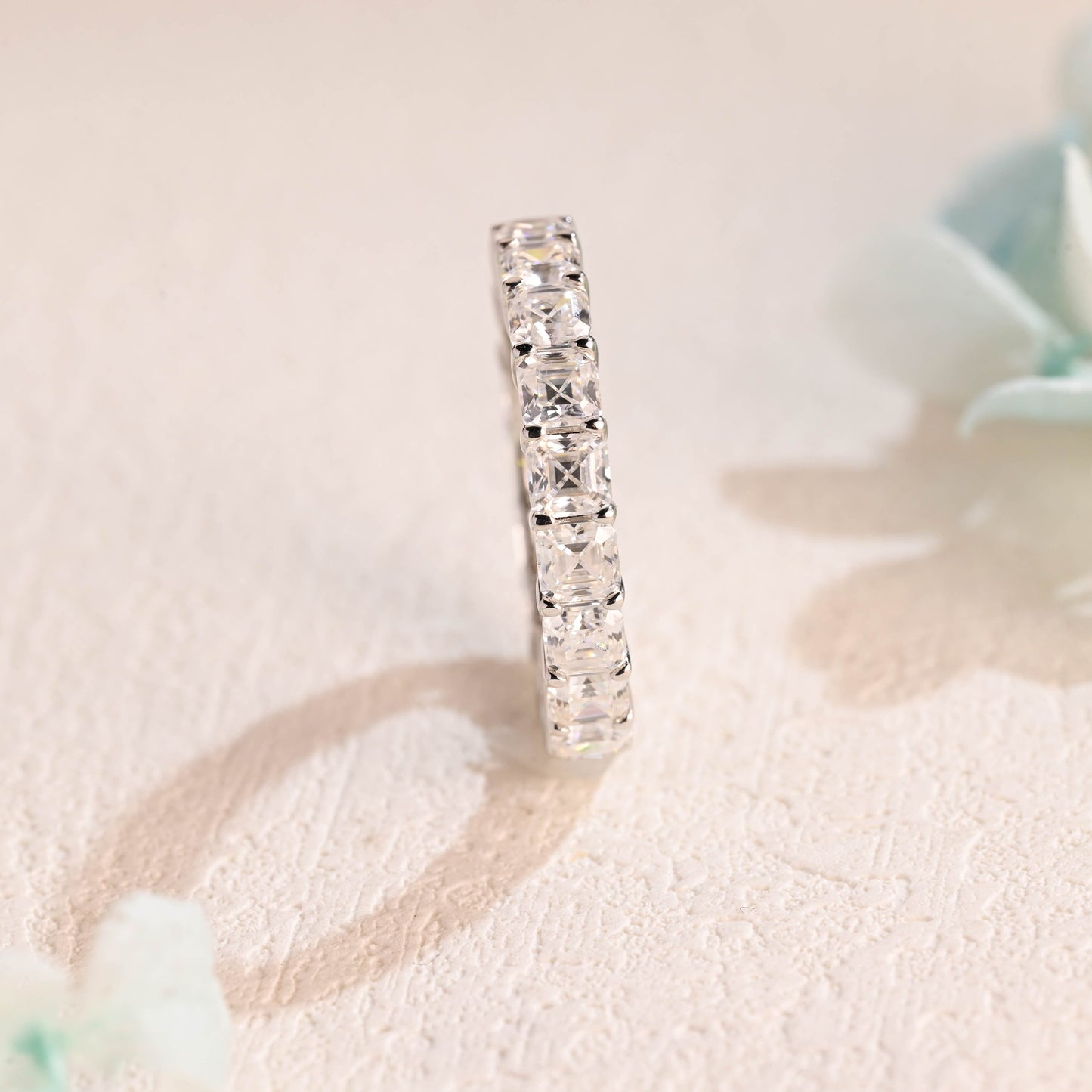 CausYou women's wedding ring CausYou Solid Gold 3.5mm Asscher Cut Moissanite Wedding Band, Full Eternity Wedding Band, Stacking Wedding Ring, Matching Band, Gift for Women Wife