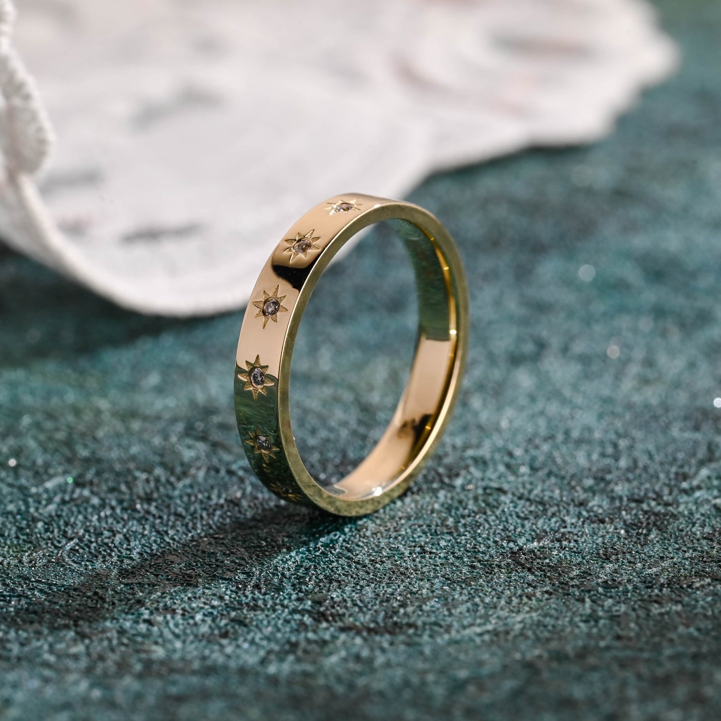 CausYou women's wedding ring CausYou Solid Gold 4mm Star Engraved Moissanite Wedding Band, Moissanite Wedding Band, Stackable Wedding Ring, Gift for Woman, Wife