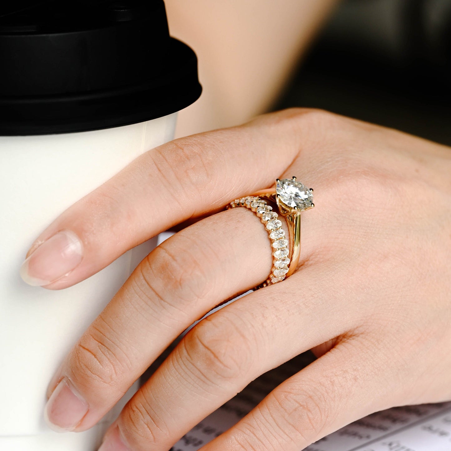 CausYou women's wedding ring Solid Gold 2*4mm Oval Cut Moissanite Wedding Band, Full Eternity Ring