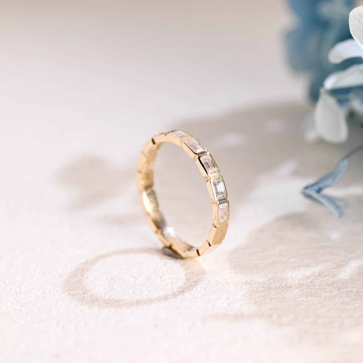 CausYou women's wedding ring Solid Gold 3mm Width Emerald Cut Moissanite Wedding Band Bezel Ring