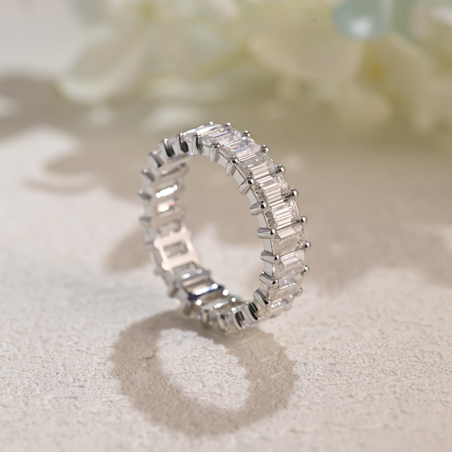 CausYou women's wedding ring Solid Gold Full Eternity 3*5mm Emerald Cut Moissanite Wedding Band