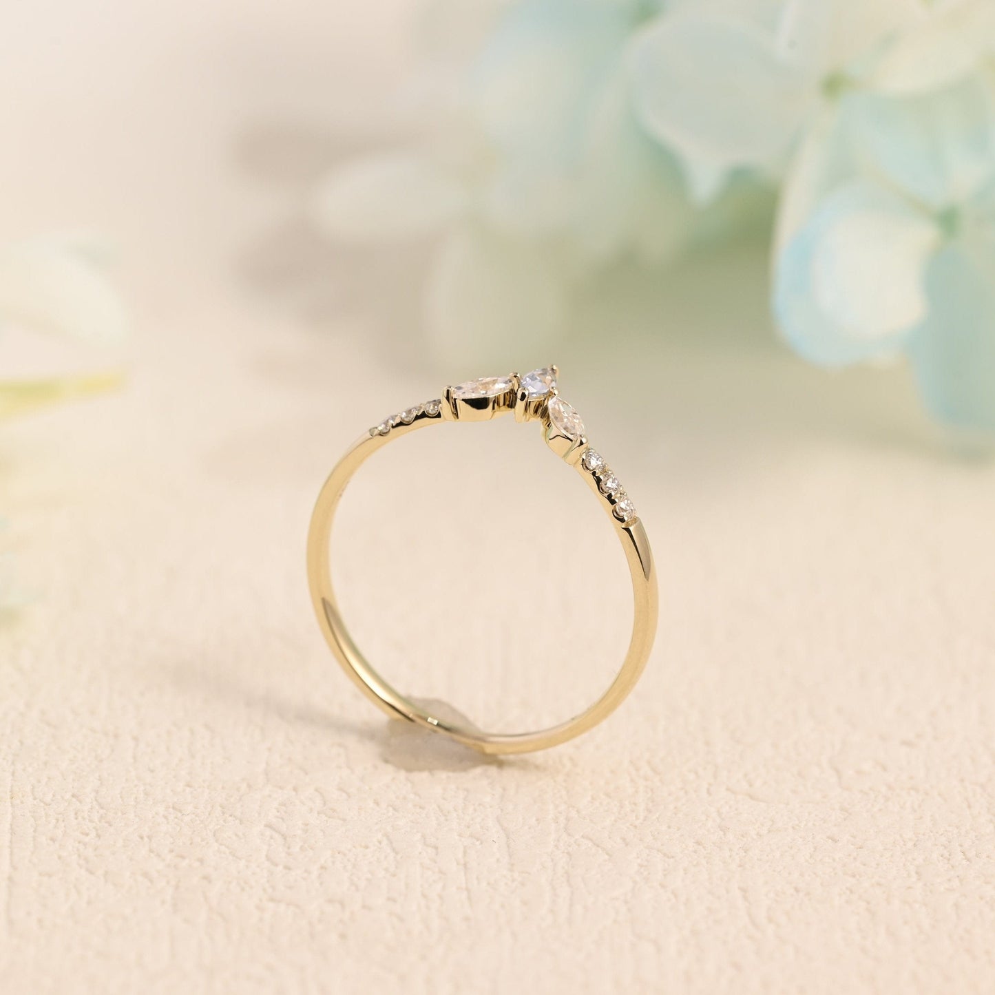 CausYou women's wedding ring Solid Gold Marquise & Round Cut Wedding Band, Curved Ring
