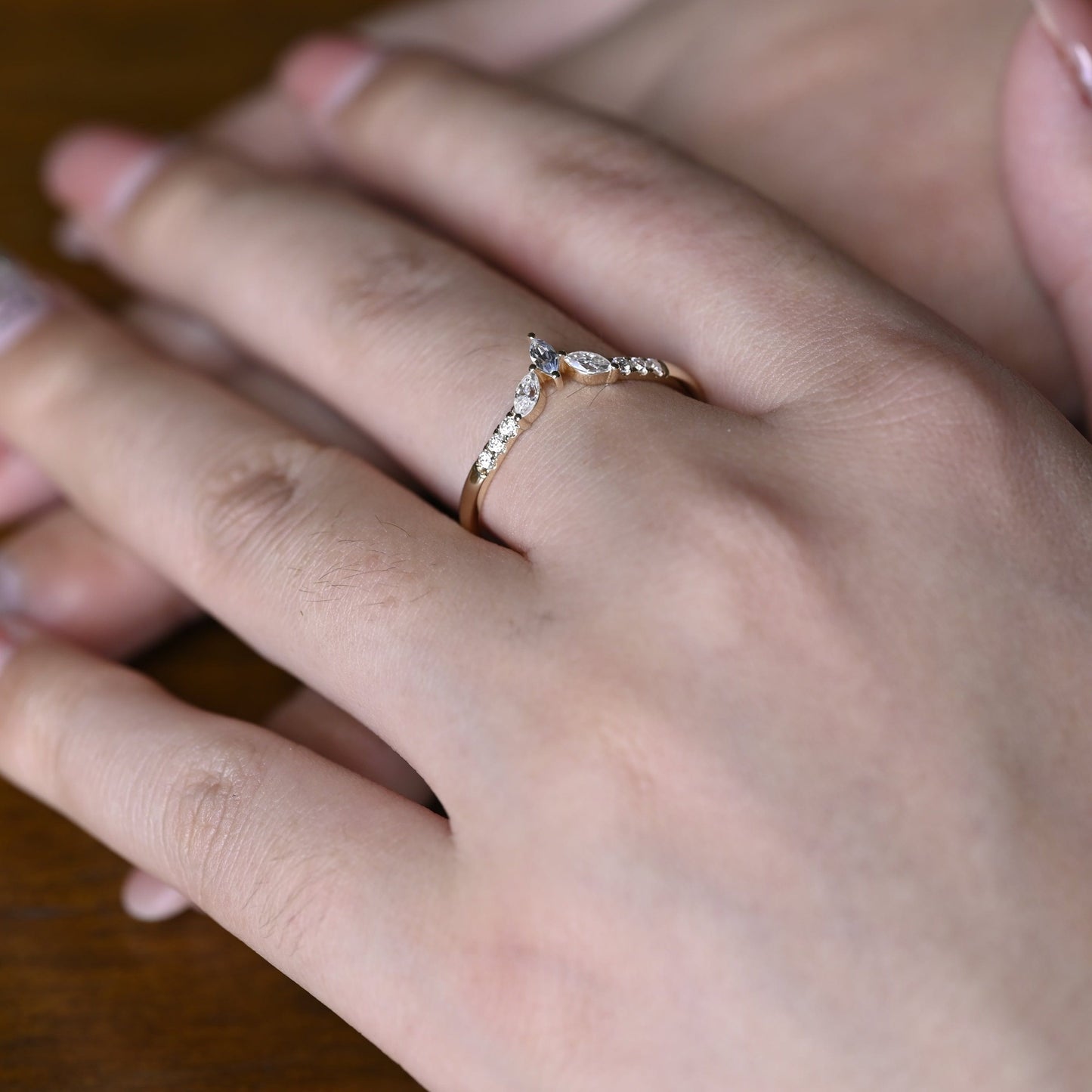 CausYou women's wedding ring Solid Gold Marquise & Round Cut Wedding Band, Curved Ring