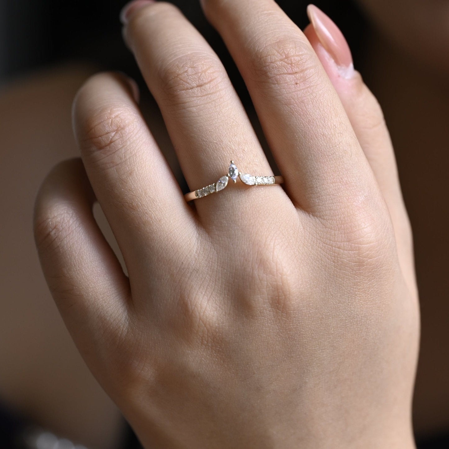 CausYou women's wedding ring Solid Gold Marquise & Round Cut Wedding Band, Curved Ring