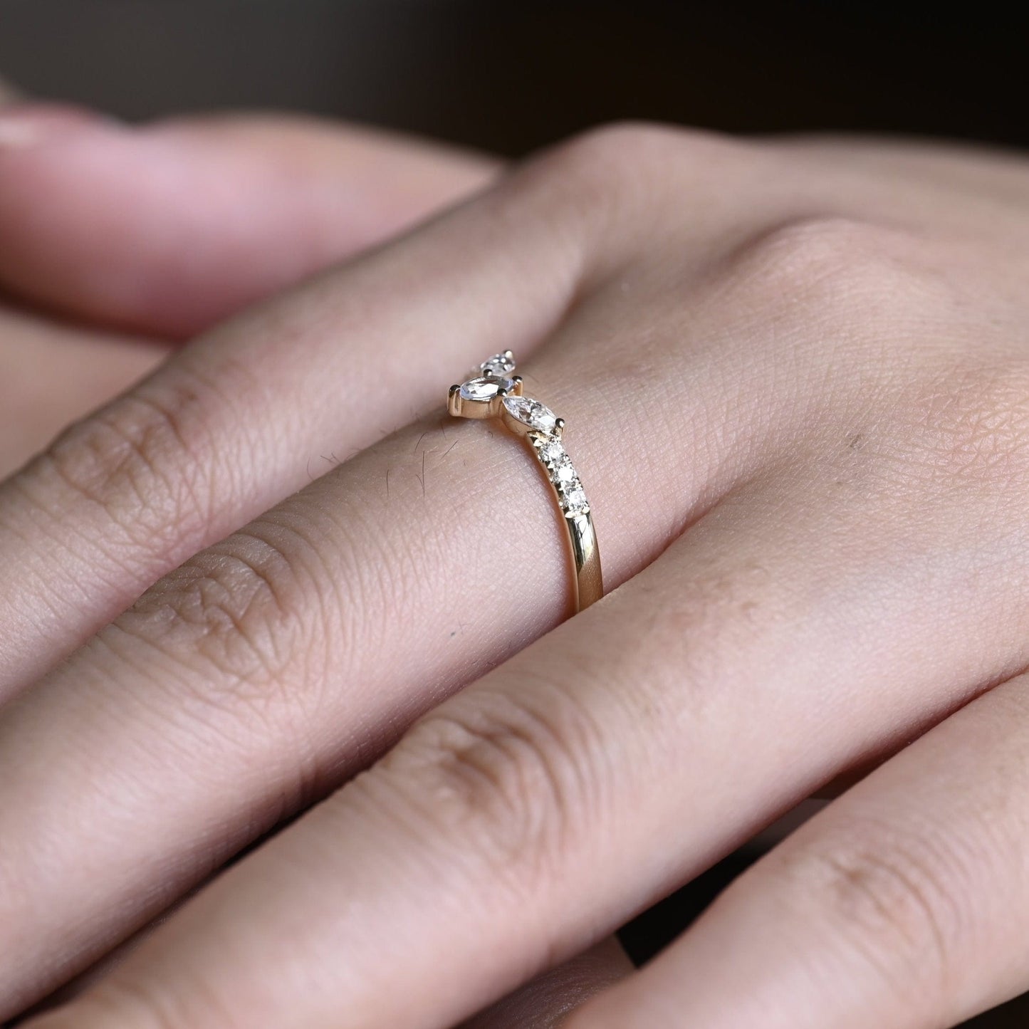 CausYou women's wedding ring Solid Gold Marquise & Round Cut Wedding Band, Curved Ring