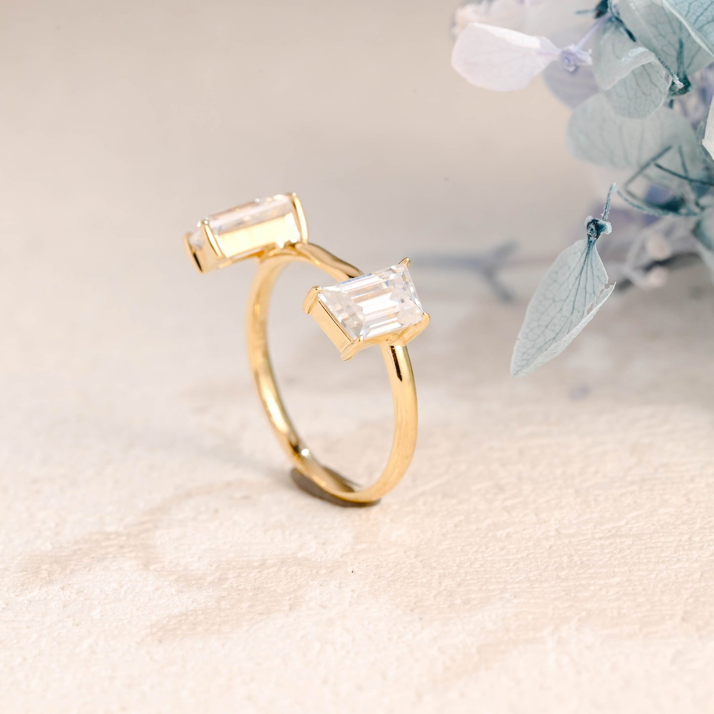 CausYou women's wedding ring Solid Gold Open Trapezoid Cut Moissanite Wedding Band