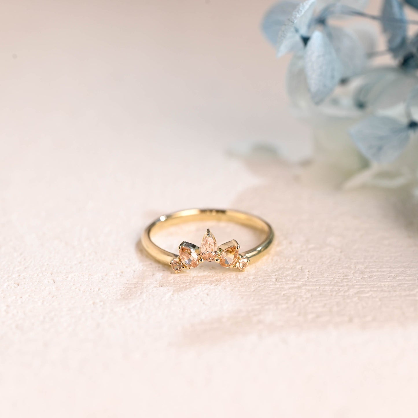 CausYou women's wedding ring Solid Gold Pear & Round Cut Champagne Moissanite Curved Wedding Band