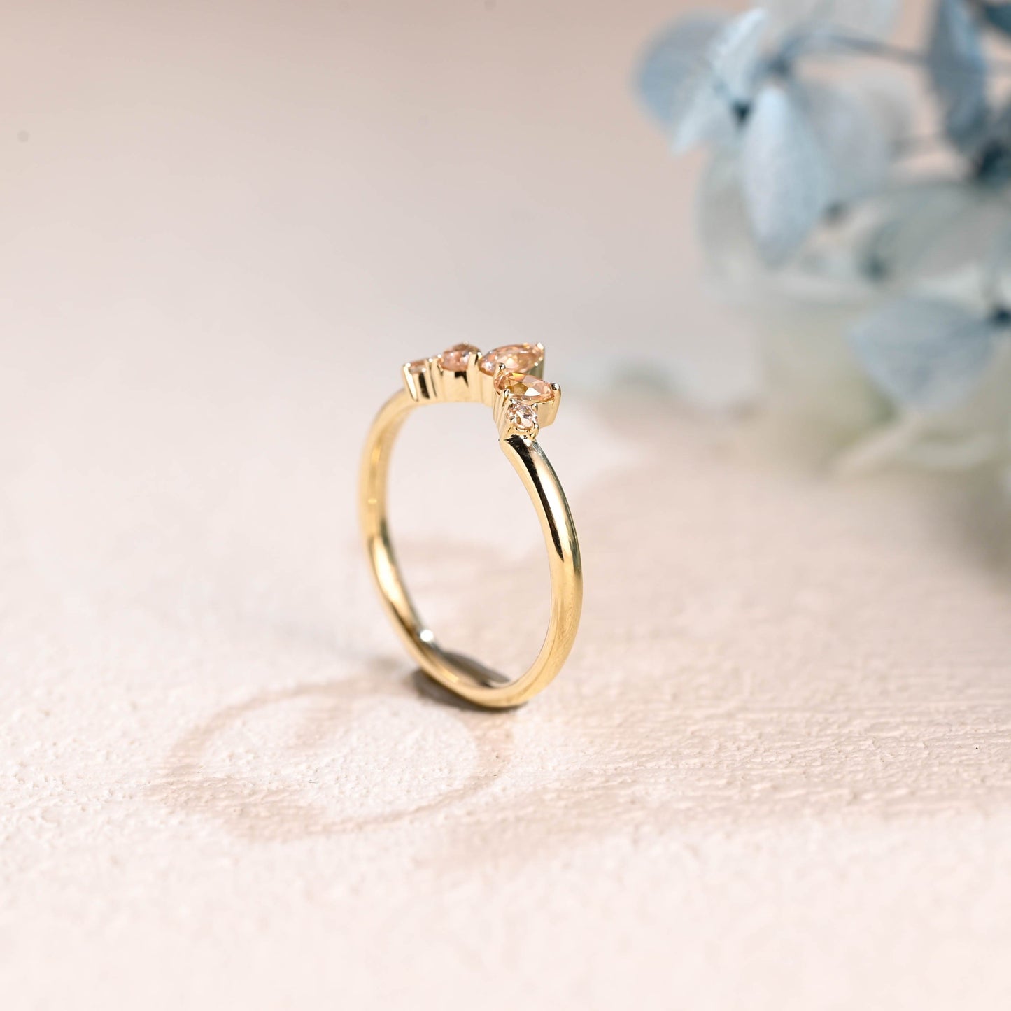 CausYou women's wedding ring Solid Gold Pear & Round Cut Champagne Moissanite Curved Wedding Band