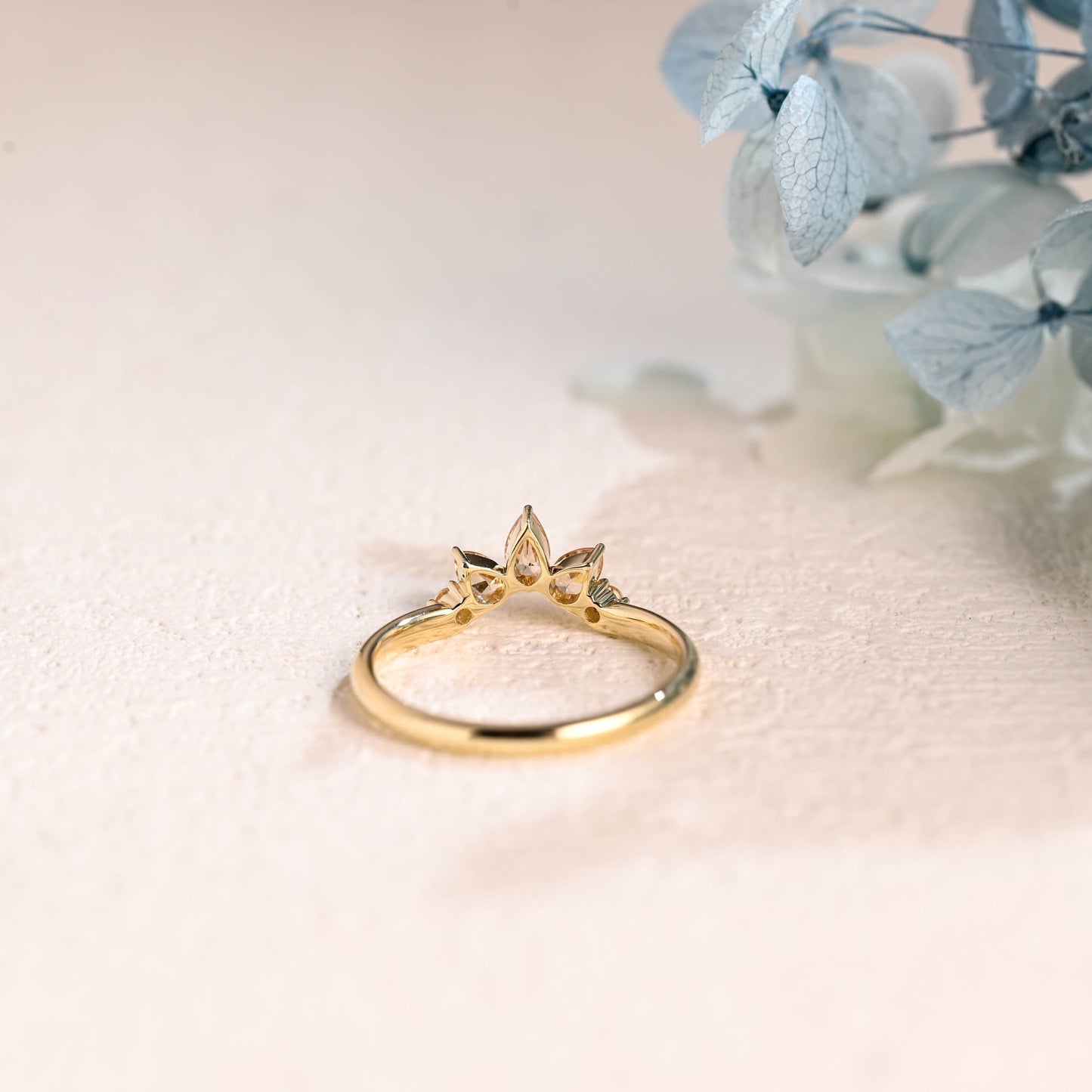 CausYou women's wedding ring Solid Gold Pear & Round Cut Champagne Moissanite Curved Wedding Band