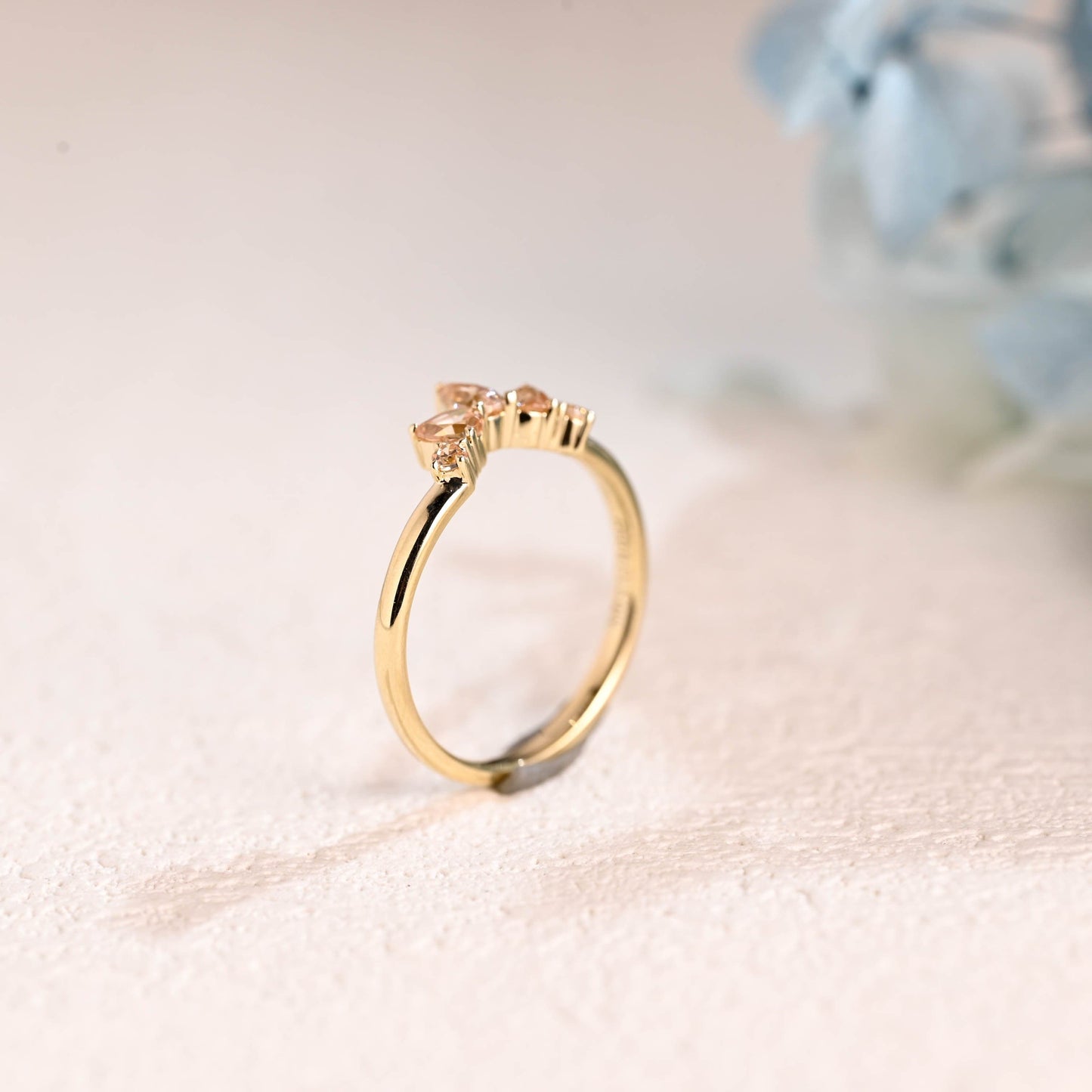 CausYou women's wedding ring Solid Gold Pear & Round Cut Champagne Moissanite Curved Wedding Band