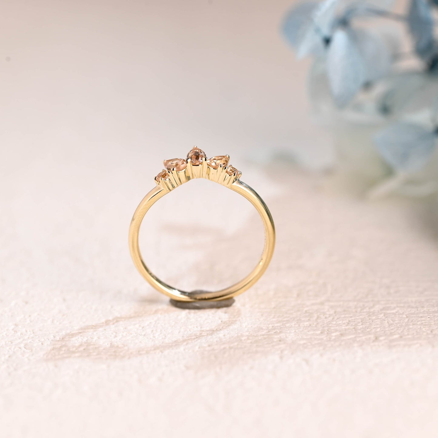 CausYou women's wedding ring Solid Gold Pear & Round Cut Champagne Moissanite Curved Wedding Band