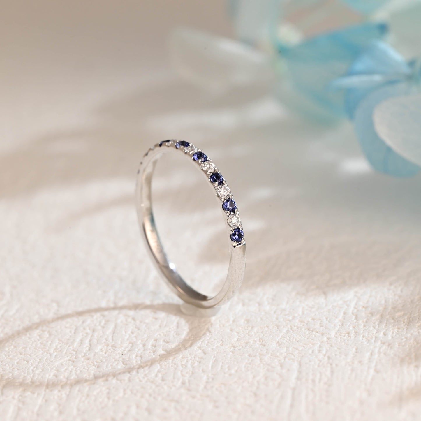 CausYou women's wedding ring Solid Gold Round Cut Moissanite & Sapphire Wedding Band, Half Eternity Wedding Ring, Gift for Women Wife