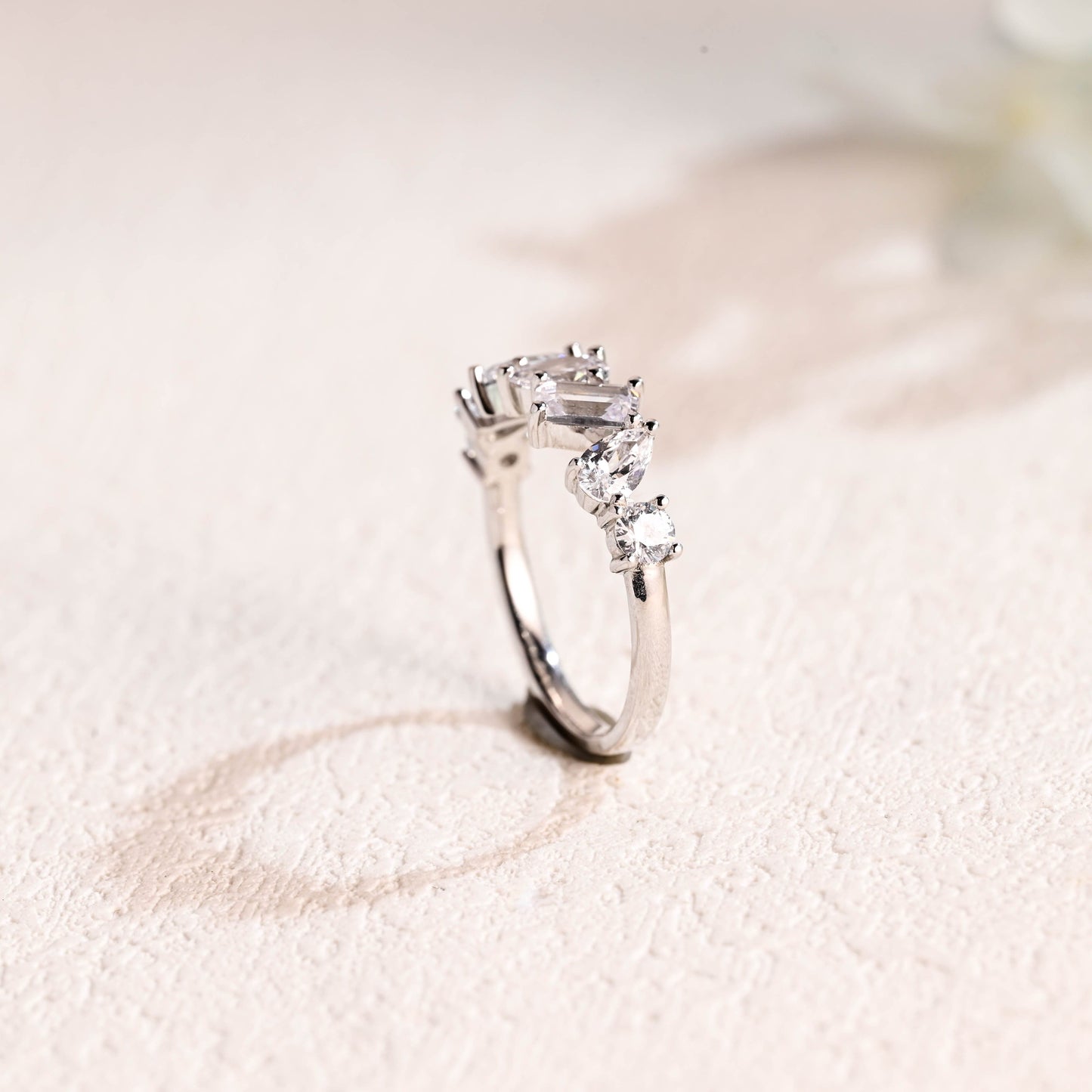 CausYou women's wedding ring Solid Gold Round & Pear & Emerald Cut Moissanite Wedding Band, Stacking Wedding Ring, Gift for Woman