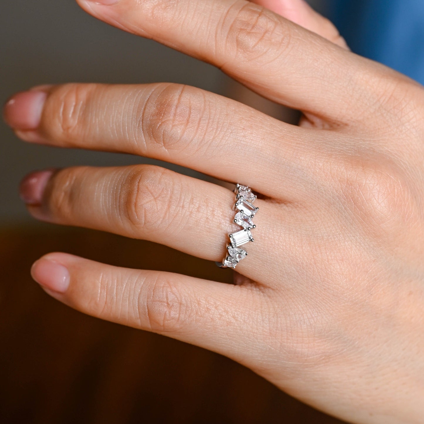 CausYou women's wedding ring Solid Gold Round & Pear & Emerald Cut Moissanite Wedding Band, Stacking Wedding Ring, Gift for Woman