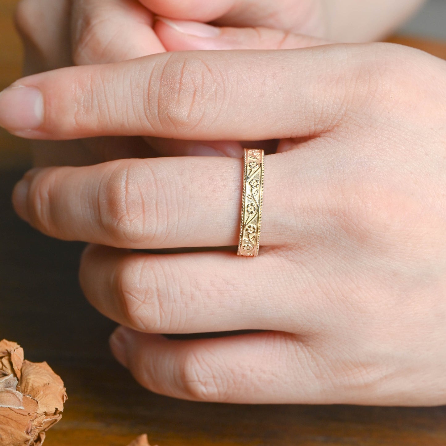 CausYou women's wedding ring Solid Gold Vintage Flower Milgrain Ring, 4mm Floral Engraved Wedding Band