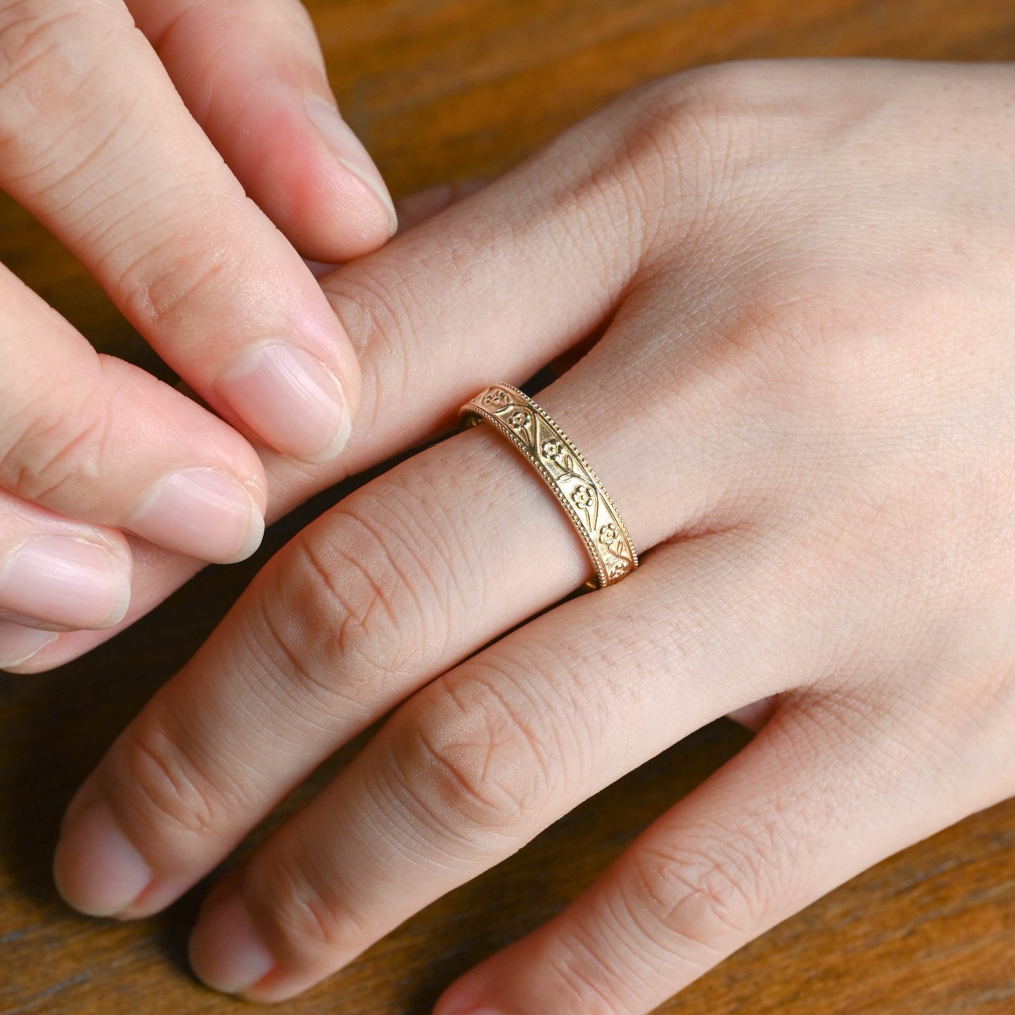 CausYou women's wedding ring Solid Gold Vintage Flower Milgrain Ring, 4mm Floral Engraved Wedding Band