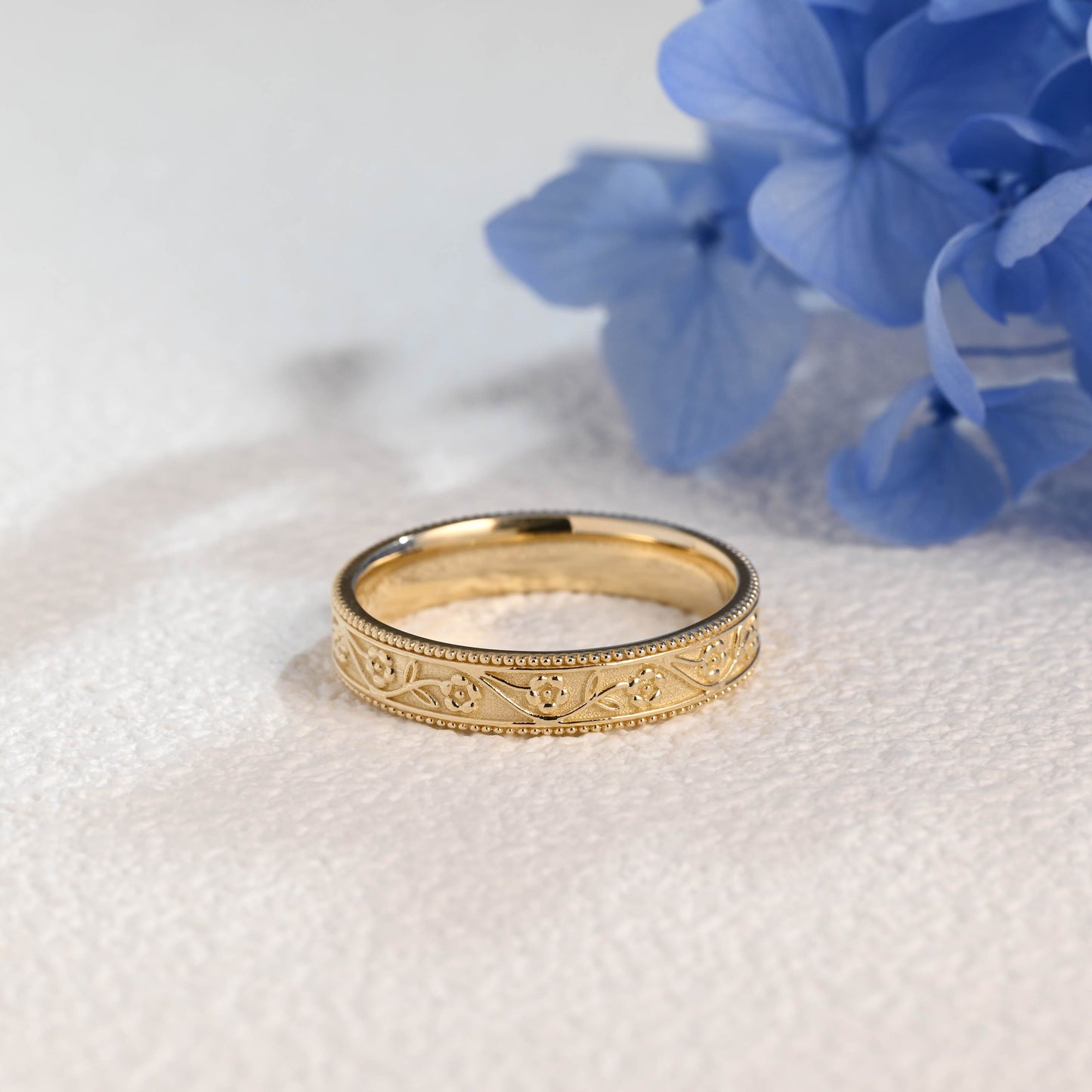 CausYou women's wedding ring Solid Gold Vintage Flower Milgrain Ring, 4mm Floral Engraved Wedding Band