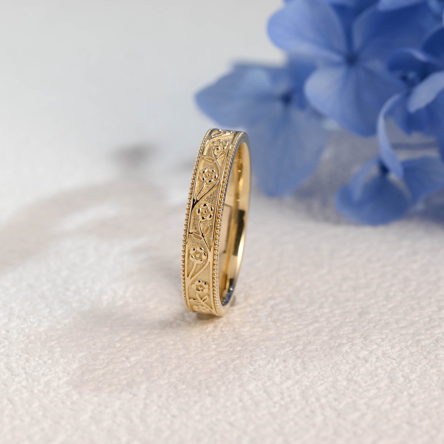 CausYou women's wedding ring Solid Gold Vintage Flower Milgrain Ring, 4mm Floral Engraved Wedding Band