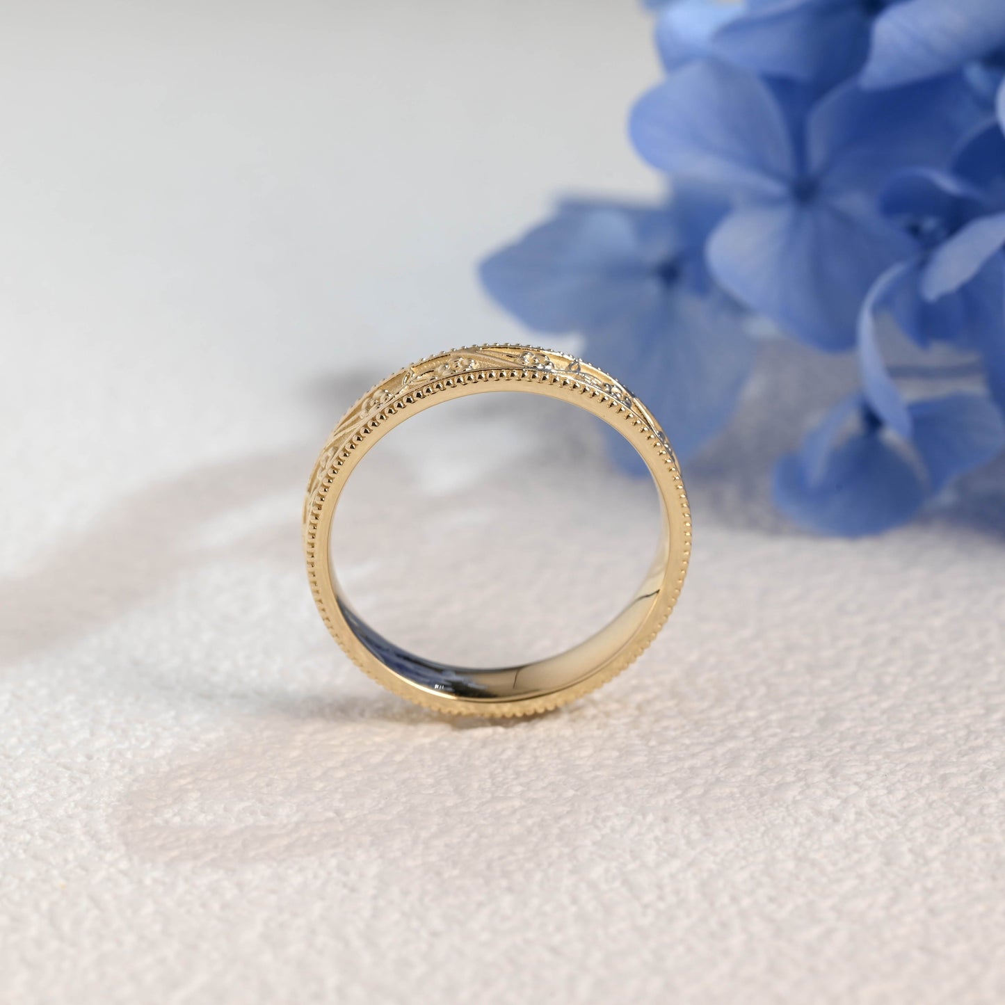 CausYou women's wedding ring Solid Gold Vintage Flower Milgrain Ring, 4mm Floral Engraved Wedding Band