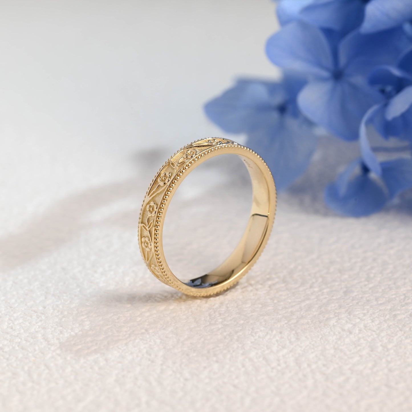 CausYou women's wedding ring Solid Gold Vintage Flower Milgrain Ring, 4mm Floral Engraved Wedding Band
