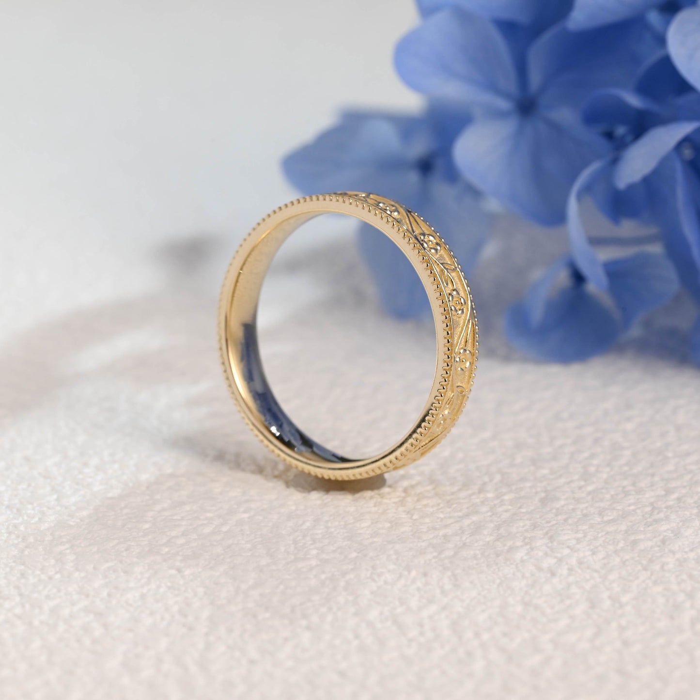 CausYou women's wedding ring Solid Gold Vintage Flower Milgrain Ring, 4mm Floral Engraved Wedding Band