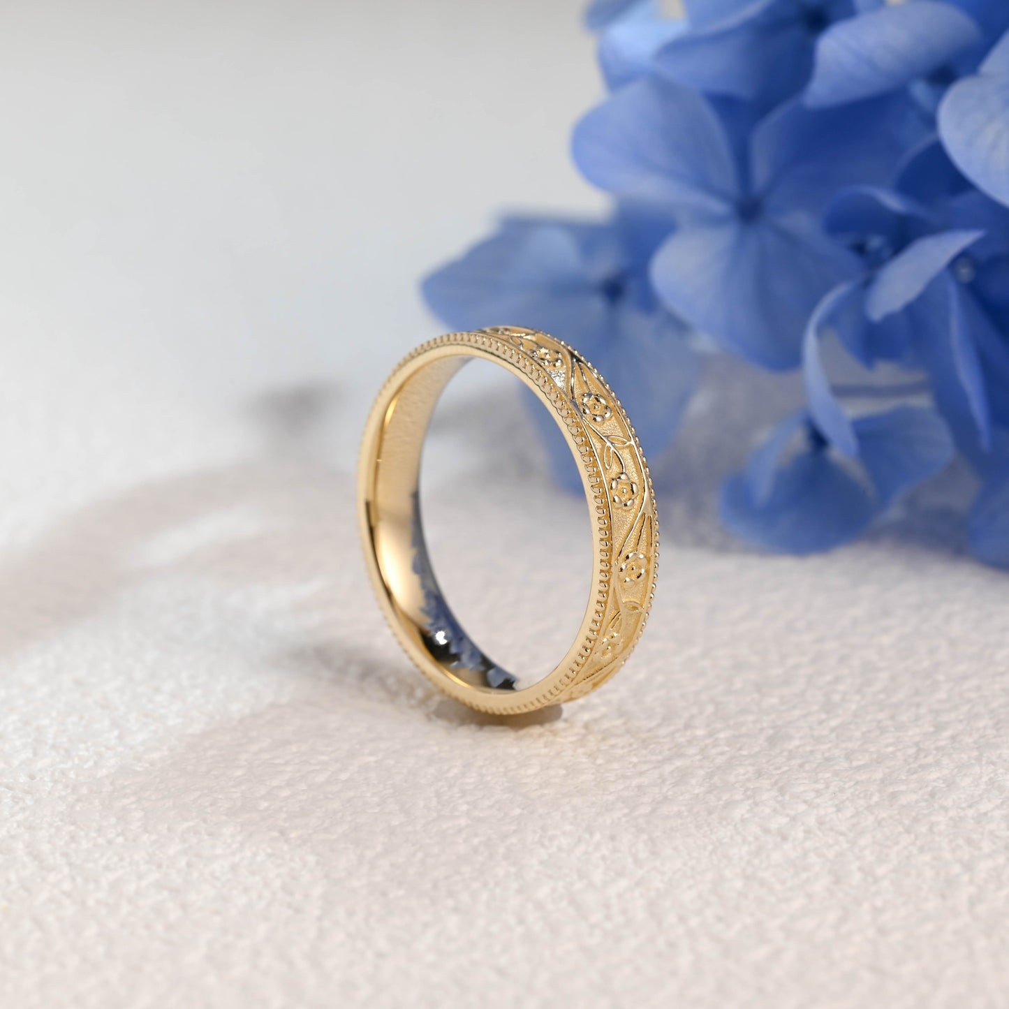 CausYou women's wedding ring Solid Gold Vintage Flower Milgrain Ring, 4mm Floral Engraved Wedding Band