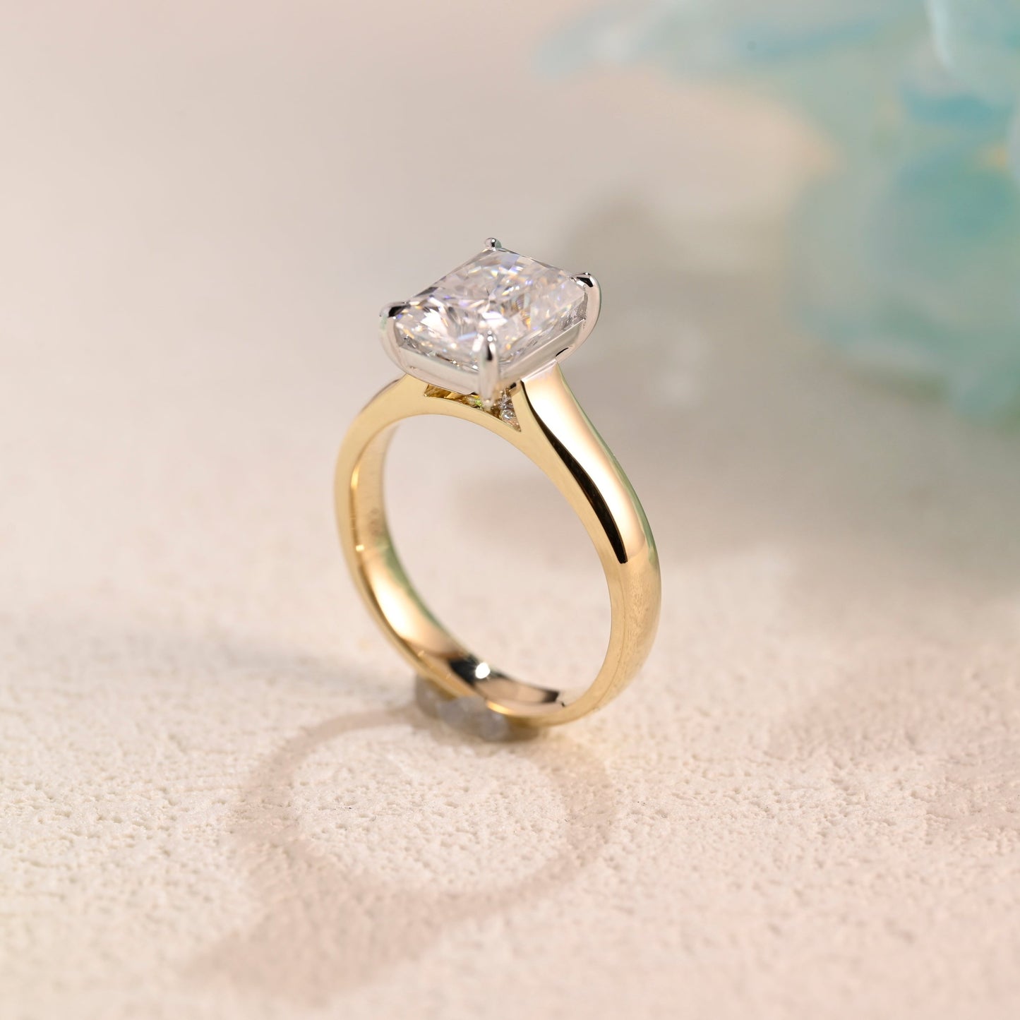 Solid Gold Two Tone Radiant Cut Moissanite Engagement Ring