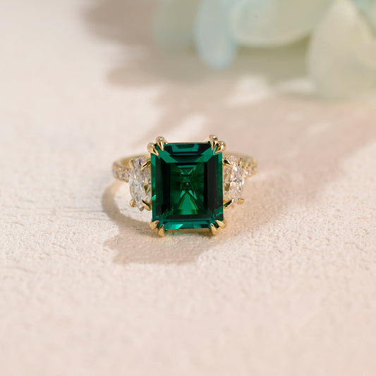 Solid Gold Three Stone Lab Emerald Engagement Ring