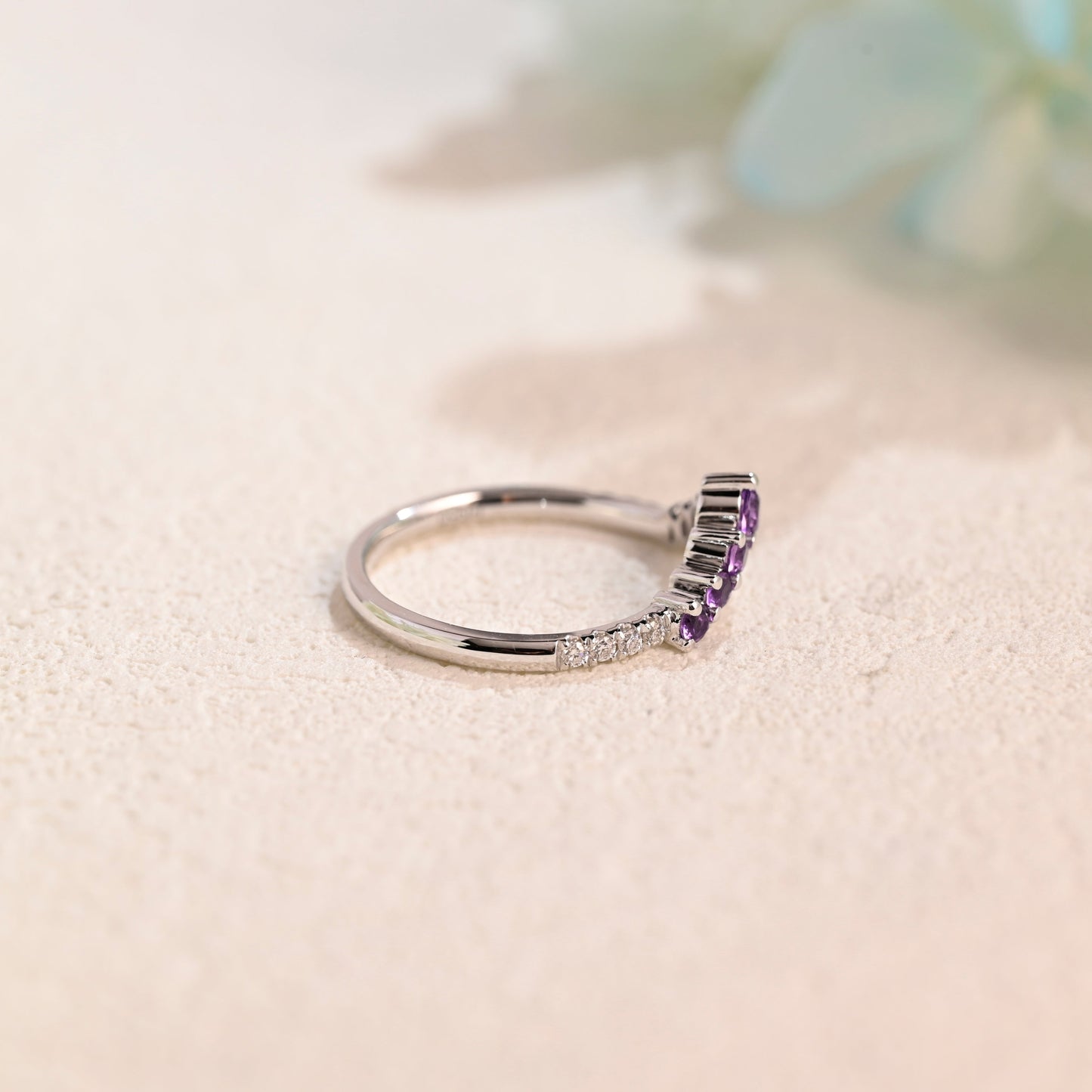 Solid Gold Round Cut Moissanite & Amethyst Wedding Band