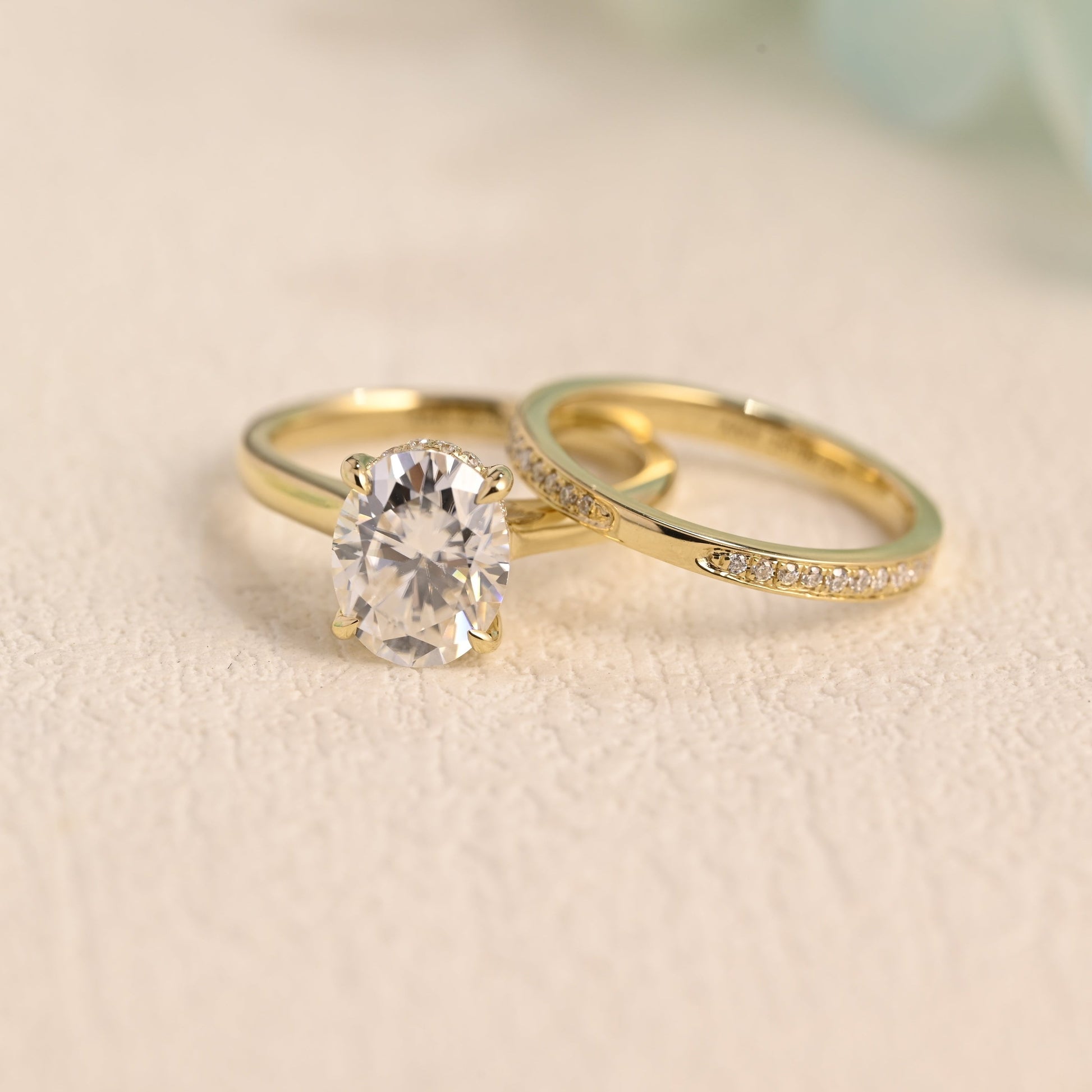 Solid Gold Oval Cut Moissanite Engagement Ring Set Hidden Halo