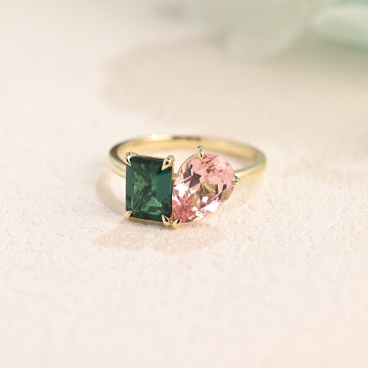 Solid Gold Toi Et Moi Emerald & Pear Cut Engagement Ring