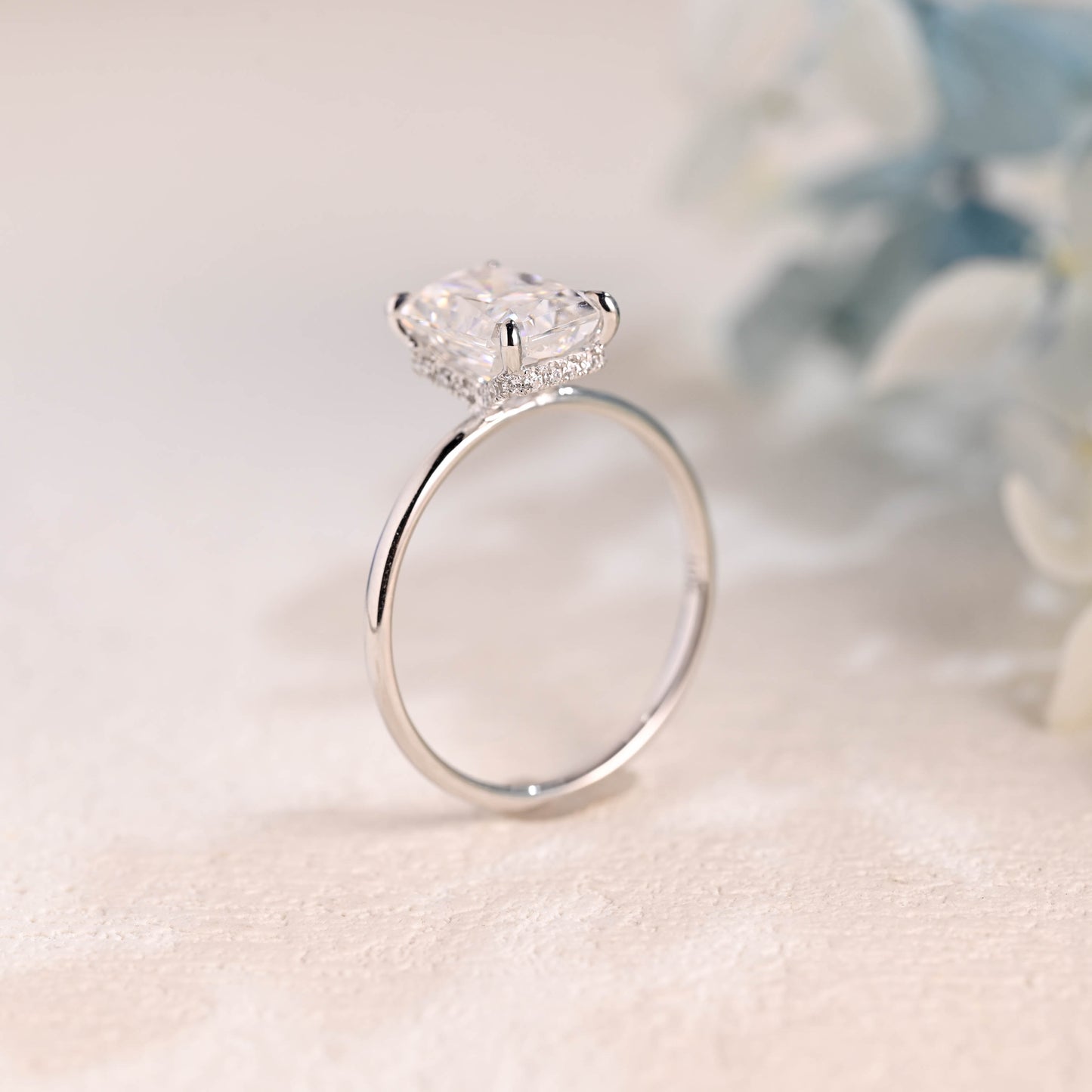 Solid Gold Crushed Ice Radiant Cut Moissanite Engagement Ring Hidden Halo