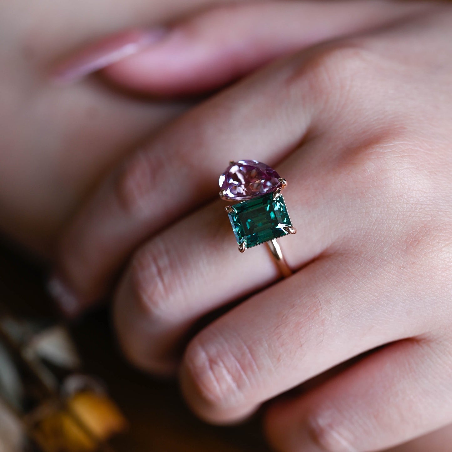 Solid Gold Toi Et Moi Emerald Cut Green Moissanite & Pear Cut Alexandrite Engagement Ring Hidden Halo