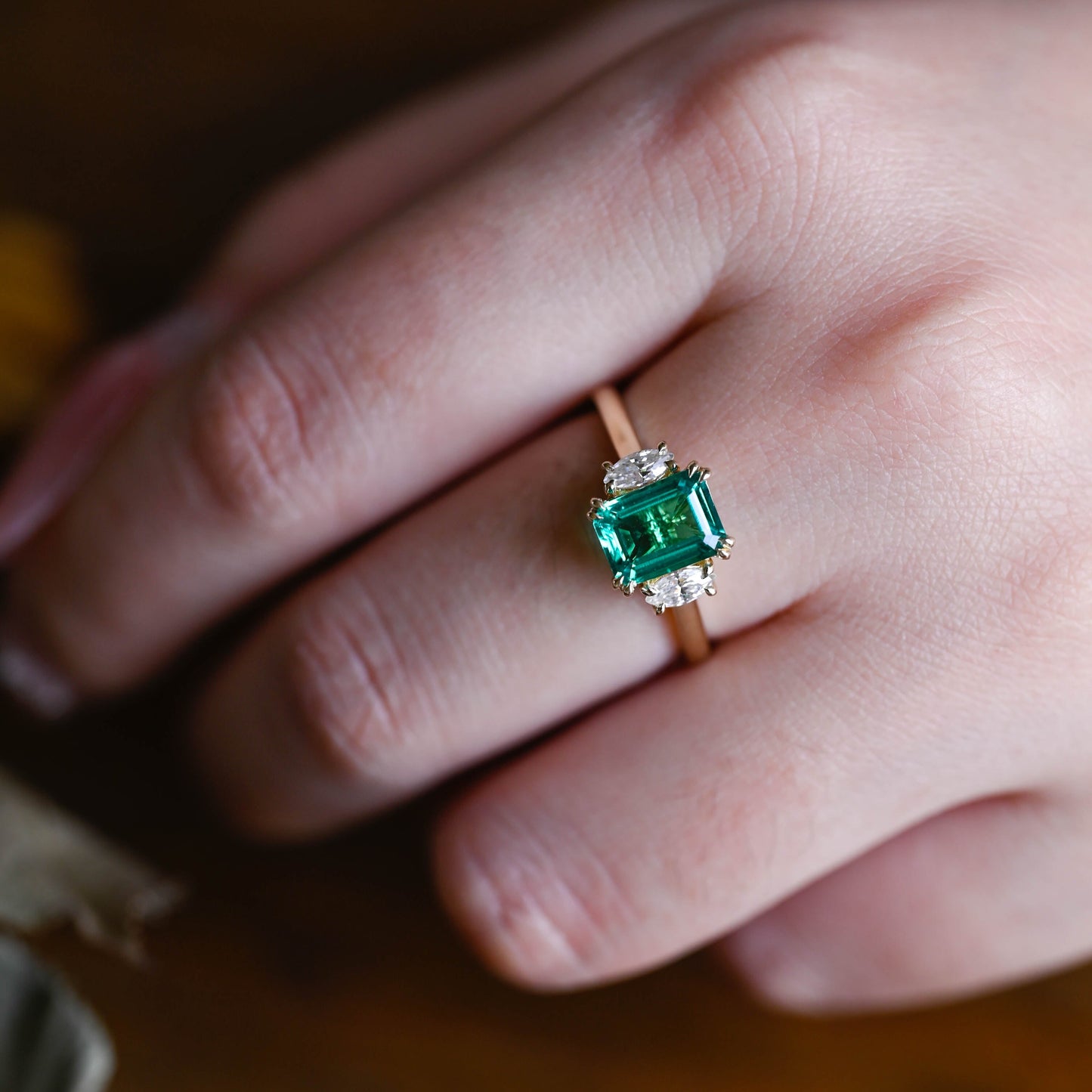 Solid Gold Lab Emerald Engagement Ring, Three Stone Ring