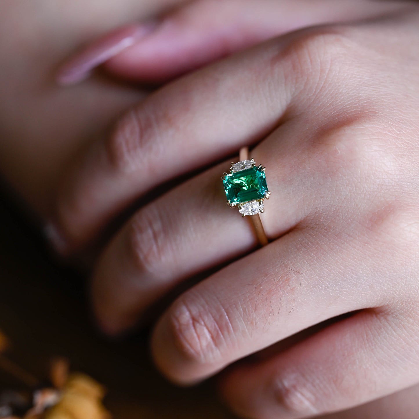 Solid Gold Lab Emerald Engagement Ring, Three Stone Ring