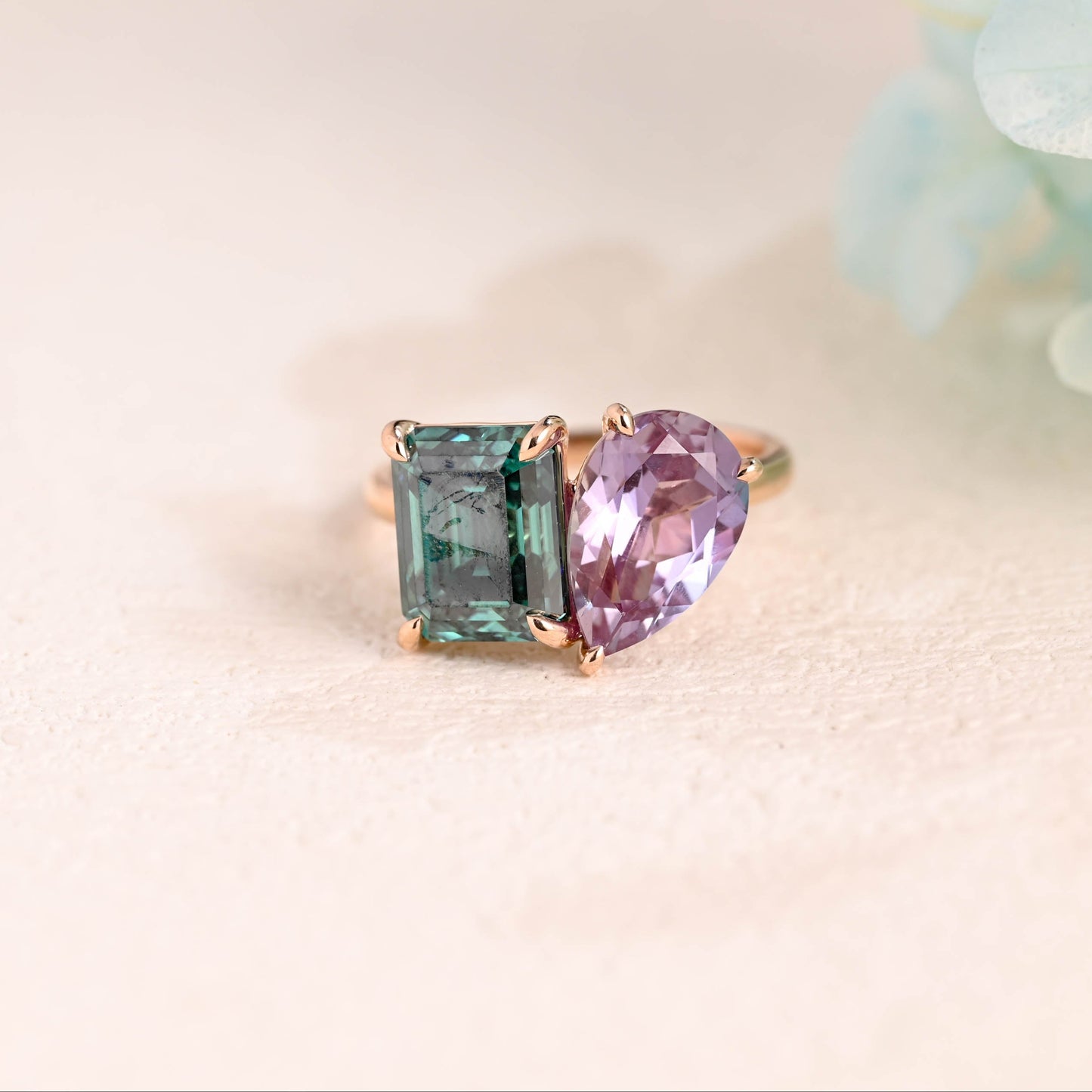 Solid Gold Toi Et Moi Emerald Cut Green Moissanite & Pear Cut Alexandrite Engagement Ring Hidden Halo