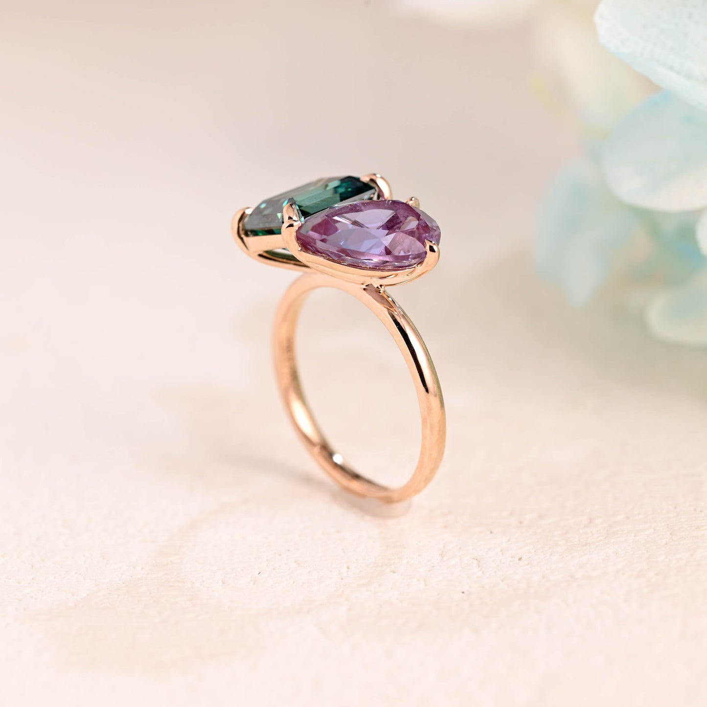 Solid Gold Toi Et Moi Emerald Cut Green Moissanite & Pear Cut Alexandrite Engagement Ring Hidden Halo